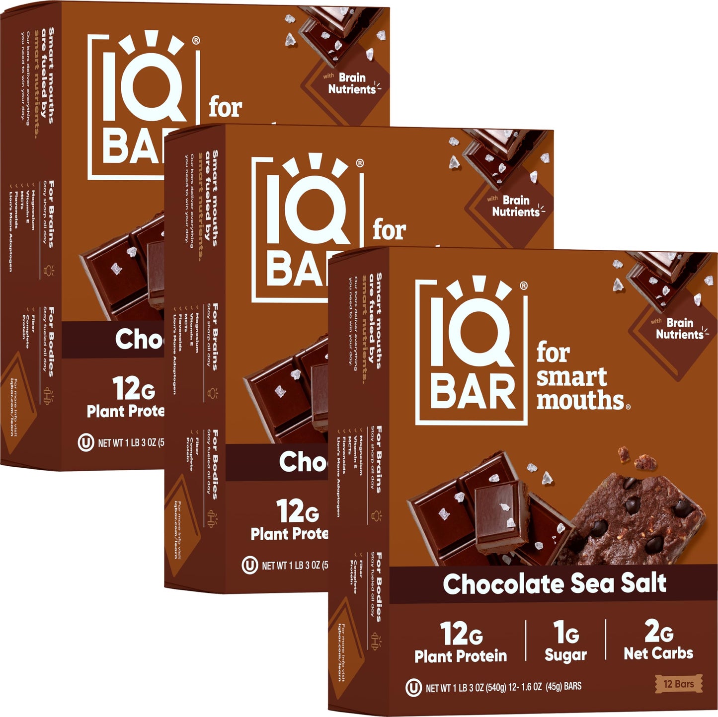 Iqbar Brain And Body Plant Protein Bars - Chocolate Sea Salt - 36 Count, Low Carb, High Fiber, Gluten Free, Vegan Snacks - Low S