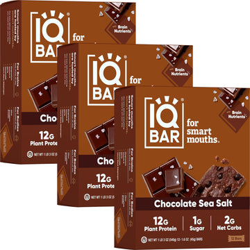 Iqbar Brain And Body Plant Protein Bars - Chocolate Sea Salt - 36 Count, Low Carb, High Fiber, Gluten Free, Vegan Snacks - Low S