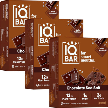 IQBAR Brain and Body Plant Protein Bars - Chocolate Sea Salt - 36 Count, Low Carb, High Fiber, Gluten Free, Vegan Snacks - Low S