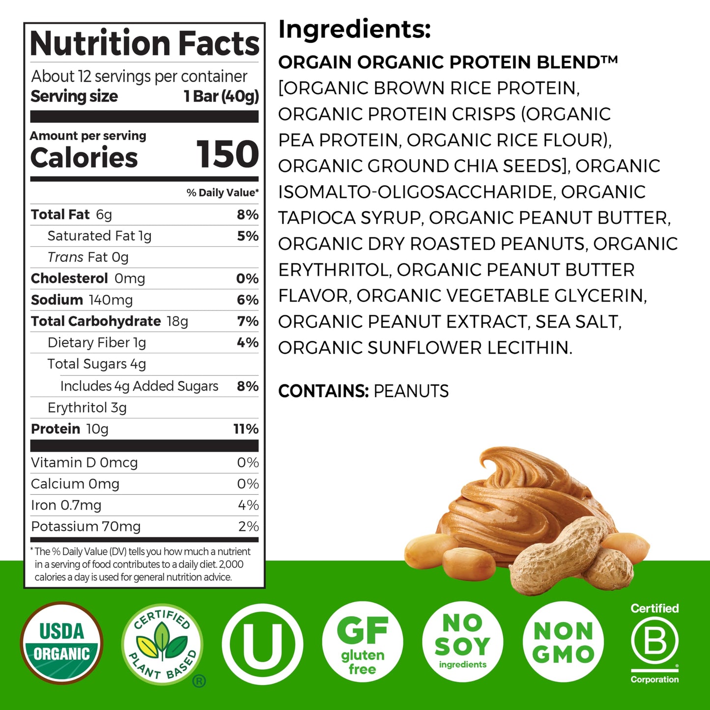 Orgain Organic Vegan Protein Bars, Peanut Butter, 10g Protein, Gluten Free, Non-GMO, Pack of 12