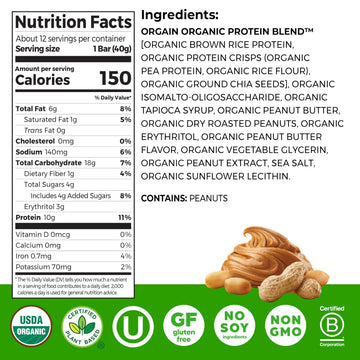Orgain Organic Vegan Protein Bars, Peanut Butter, 10g Protein, Gluten Free, Non-GMO, Pack of 12