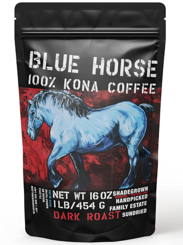 Blue Horse 100% Kona Coffee, Dark Roast, Arabica Whole Beans, 1 lb (16 oz) Bag, Farm Fresh, Authentic Hawaiian Coffee beans from