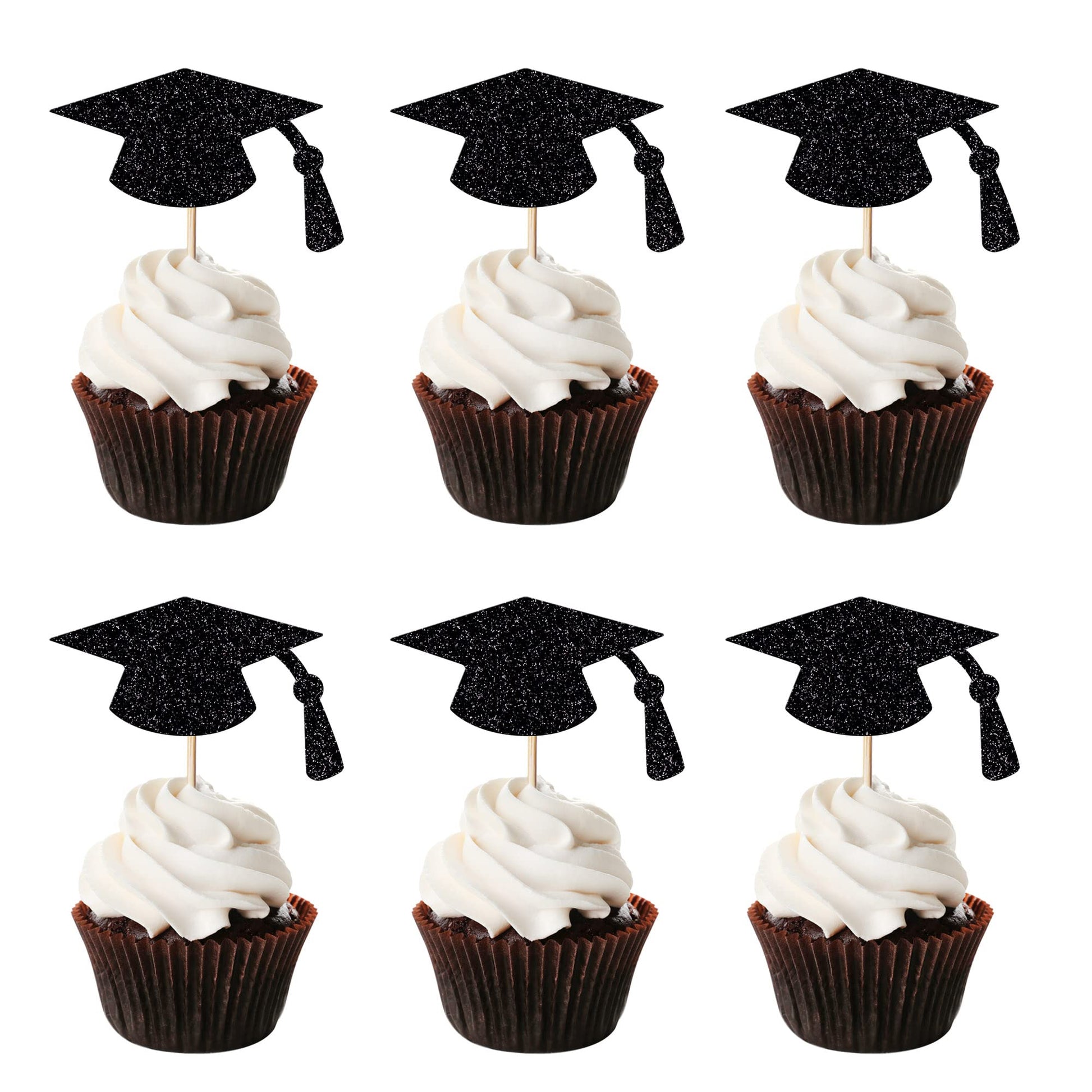 Leetaivie 24pcs Graduation Cupcake Topper - Black Glitter Graduation Cap Graduation Diploma Cupcake Topper- Class Of 2025 Gradua