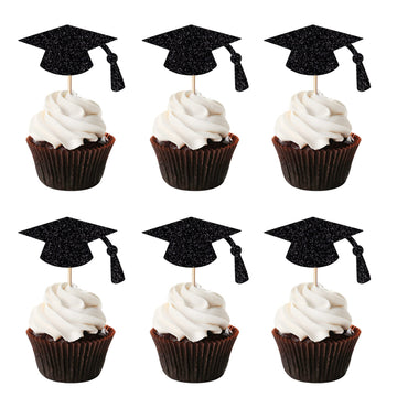 Leetaivie 24pcs Graduation Cupcake Topper - Black Glitter Graduation Cap Graduation Diploma Cupcake Topper- Class Of 2025 Gradua