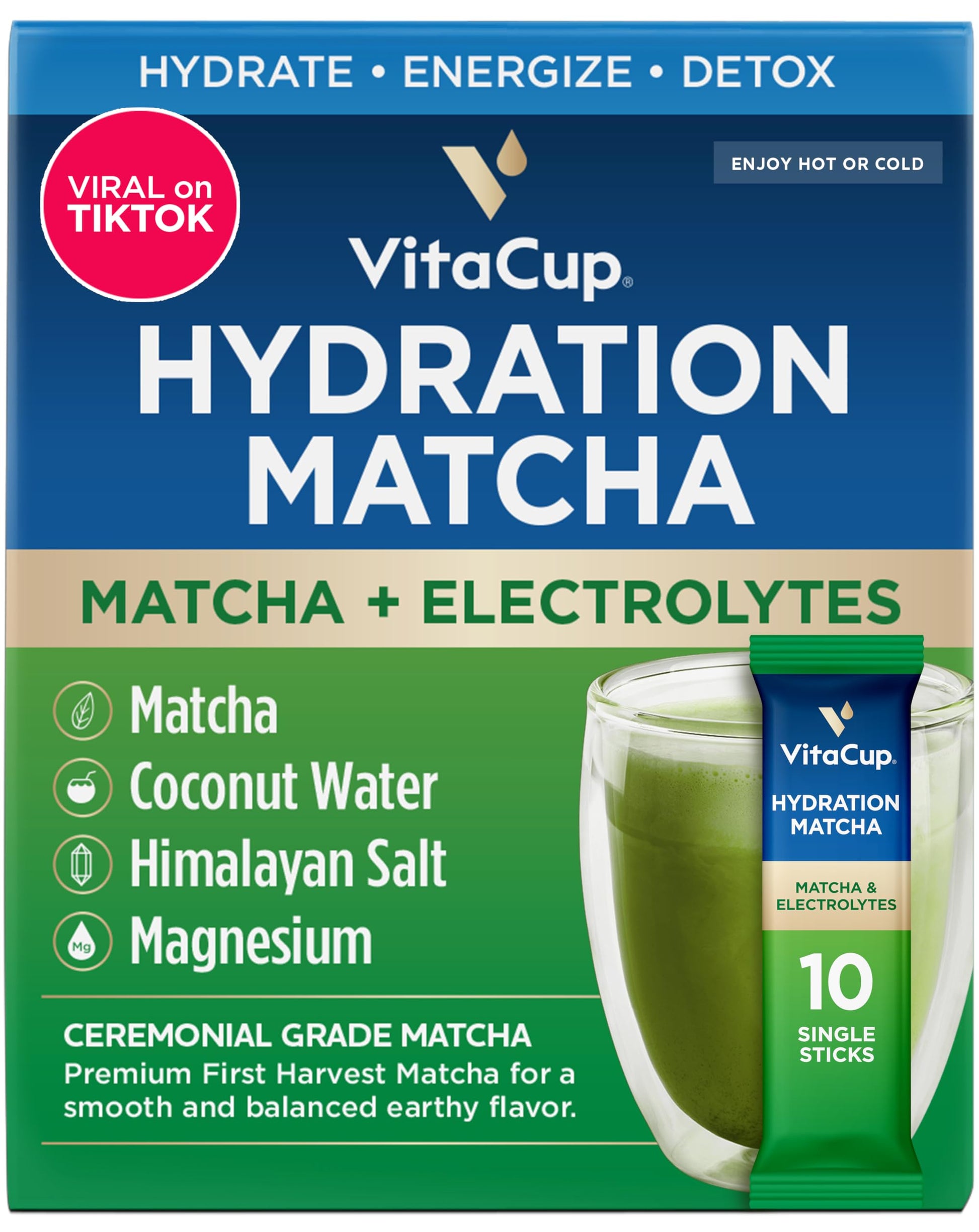 Vitacup Hydration Matcha Instant Packets, For Natural Energy And Detox, W/Electrolytes, Ceremonial Grade Organic Matcha, Coconut