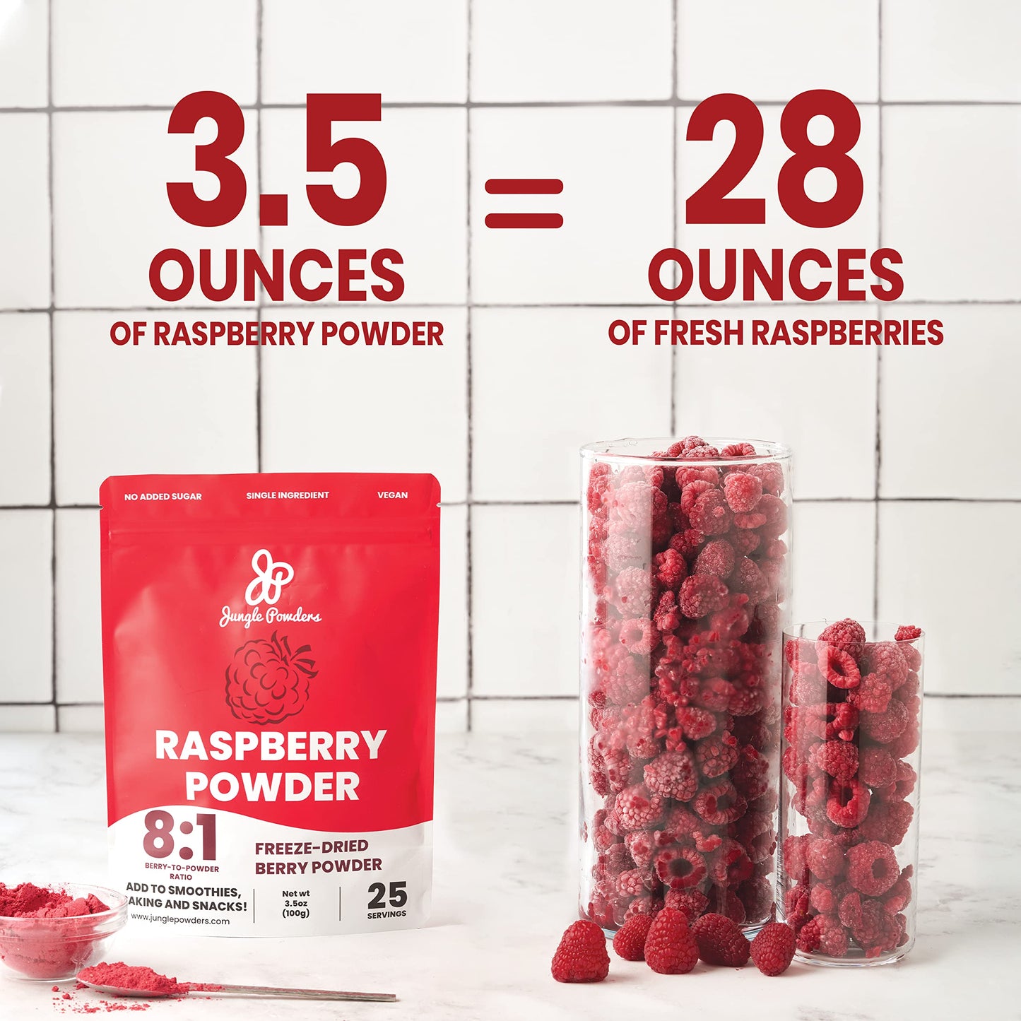 Jungle Powders Raspberry Powder 3.5 Ounce Bag, Food Grade Powdered Unsweetened Freeze Dried Raspberries, Additive, Filler Free R