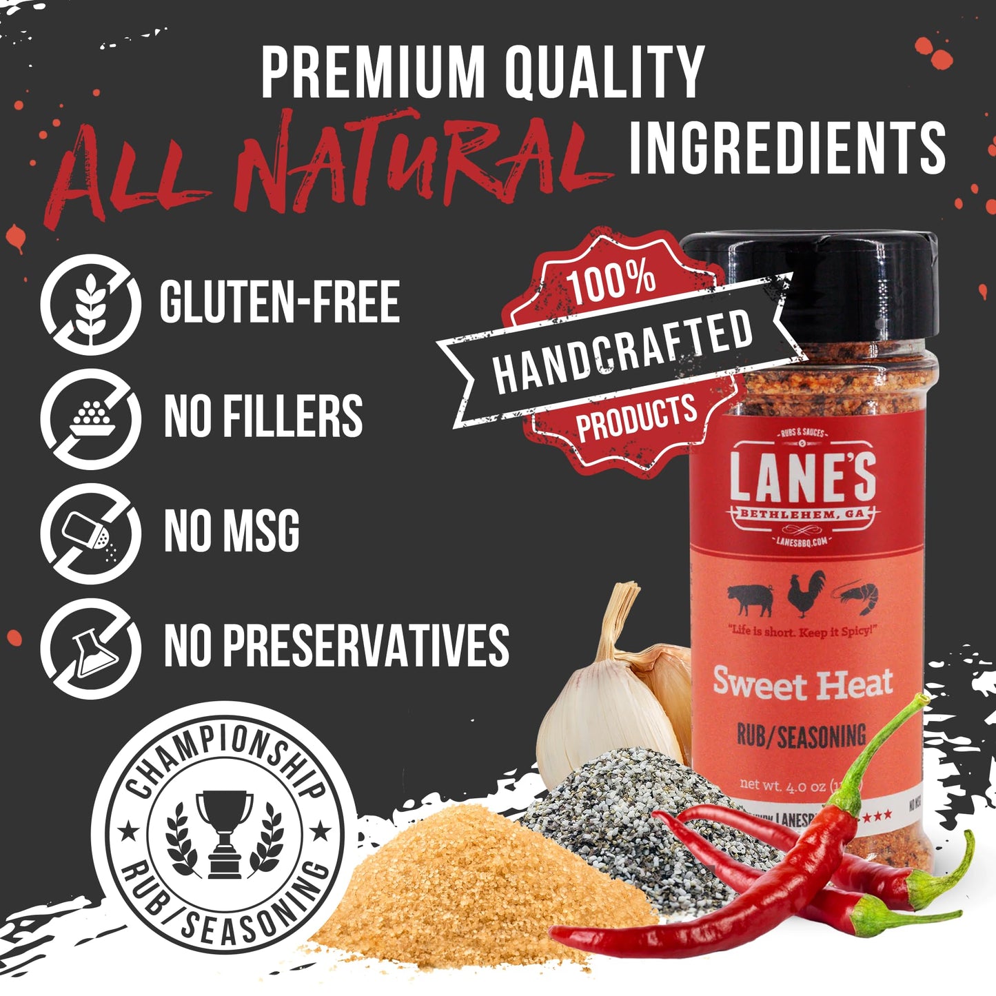 Lane's Sweet Heat Rub Seasoning, All-Natural BBQ Brisket Rub Goes Well with Butt Rub Seasoning, No MSG Brisket Seasoning &, Made