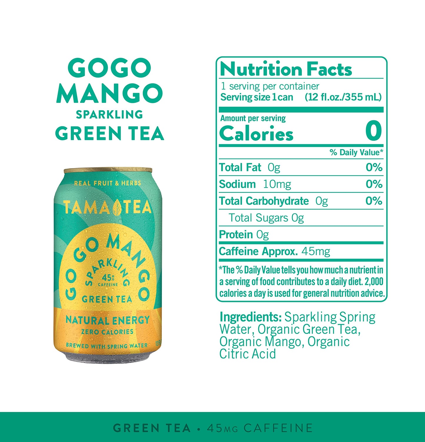 Tama Tea Sparkling Mango Green Tea - Zero Sugar, Zero Calories, Non-GMO, Antioxidant-Rich - Pack of 12