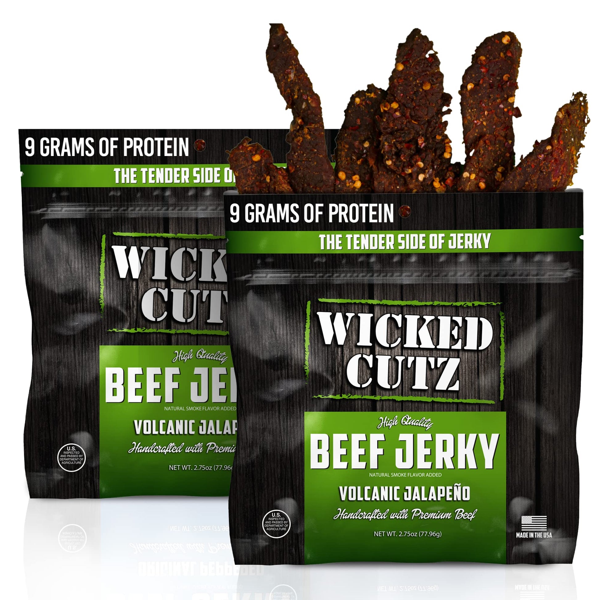Wicked Cutz Volcanic Jalapeño Beef Jerky, 27g Protein, Tender & Chewy, 2.75 oz (Pack of 2)
