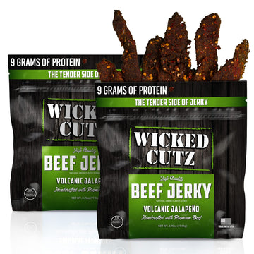 Wicked Cutz Volcanic Jalapeño Beef Jerky, 27g Protein, Tender & Chewy, 2.75 oz (Pack of 2)