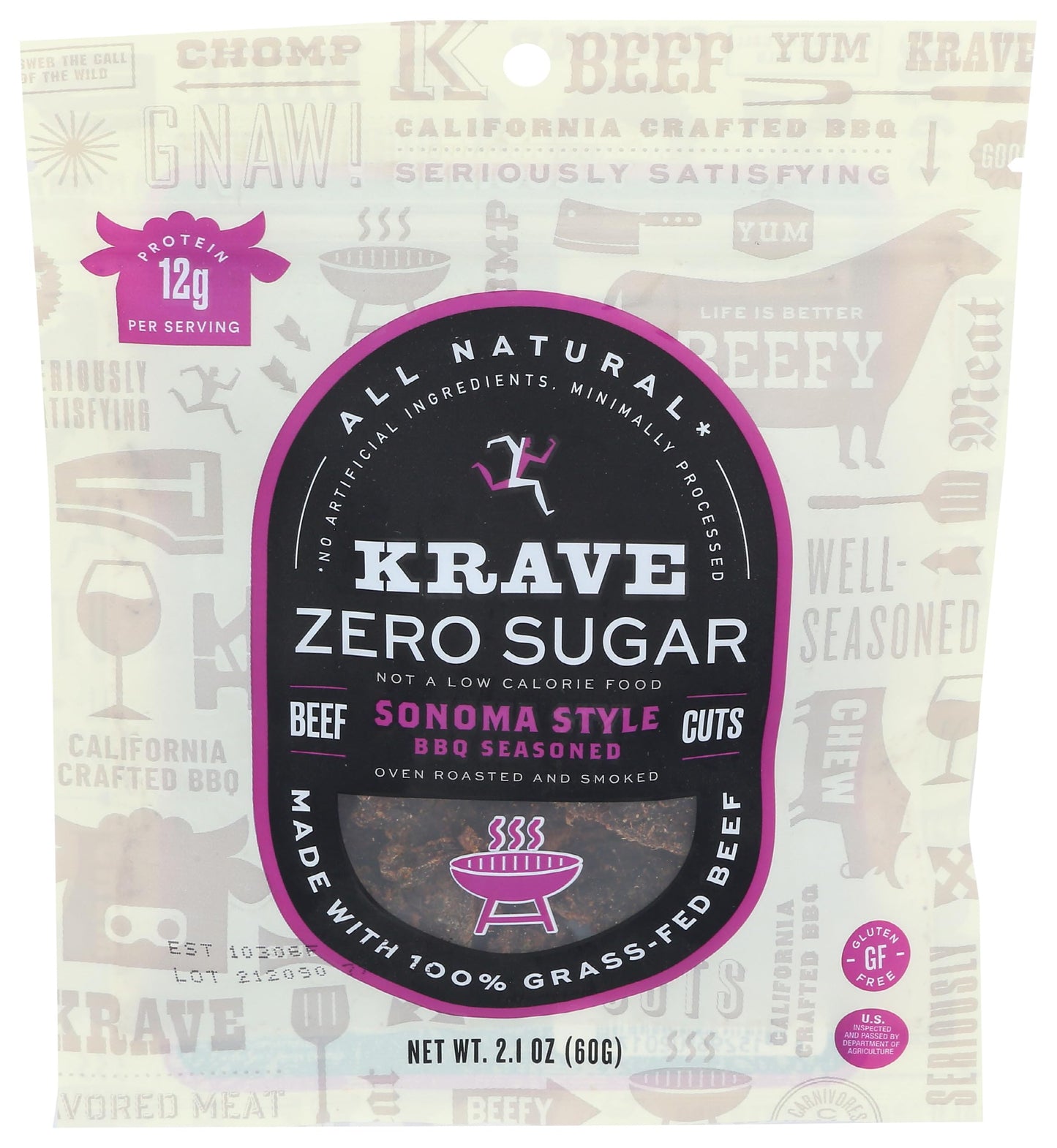 KRAVE Beef Jerky, Zero Sugar, All Natural, 100% Grass Fed, Sonoma Style BBQ, 2.1 Ounce