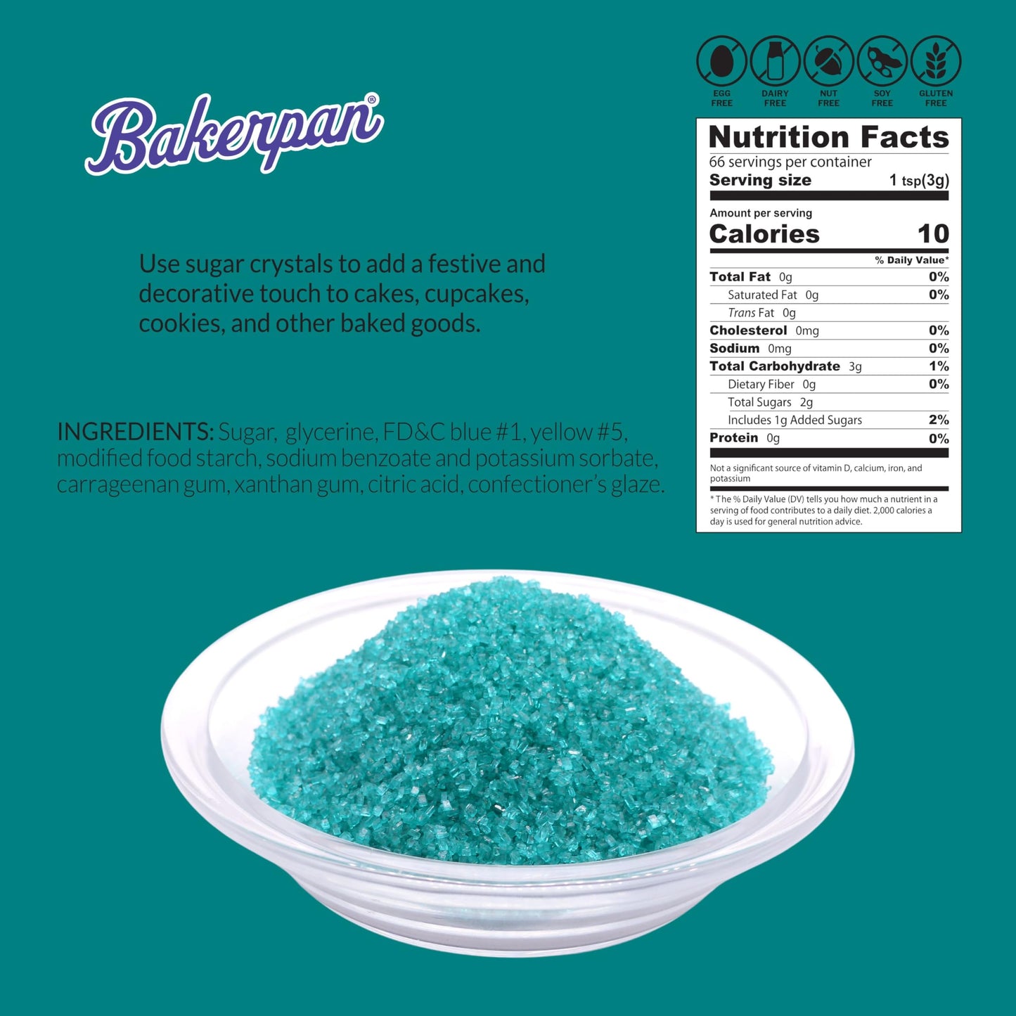 Bakerpan Sugar Sprinkles For Baking - 7 Ounce Teal Decorating Sugar Crystals For Cookies, Cake Pops, Ice Cream (Made In Usa)