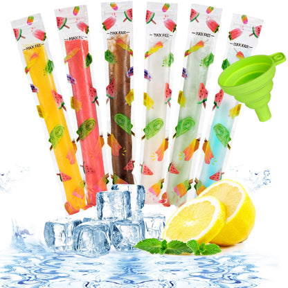Yiyiring 300 Pcs Summer Ice Lolly Bags Disposable Ice Pop Bags Summer Fruit Freezer Tubes with Zip Freeze Pop Bag with Funnels f