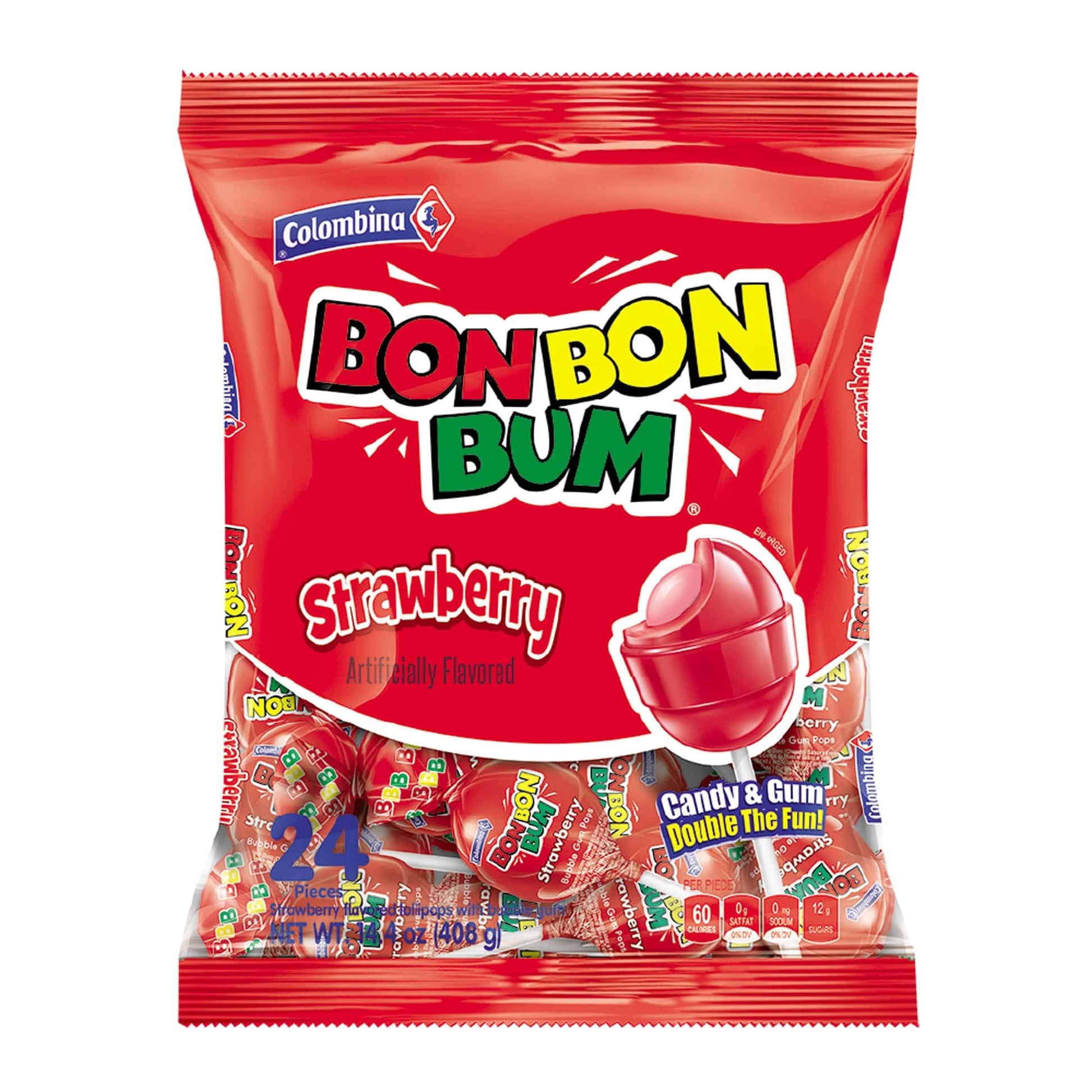 Colombina Bon Bon Bum Lollipops w/Bubble Gum Center, Strawberry Flavor, Individually Wrapped, Ideal for Party Favors and Gifts, 