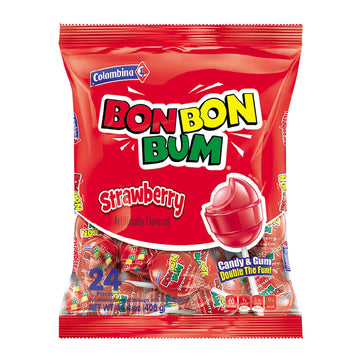 Colombina Bon Bon Bum Lollipops w/Bubble Gum Center, Strawberry Flavor, Individually Wrapped, Ideal for Party Favors and Gifts, 