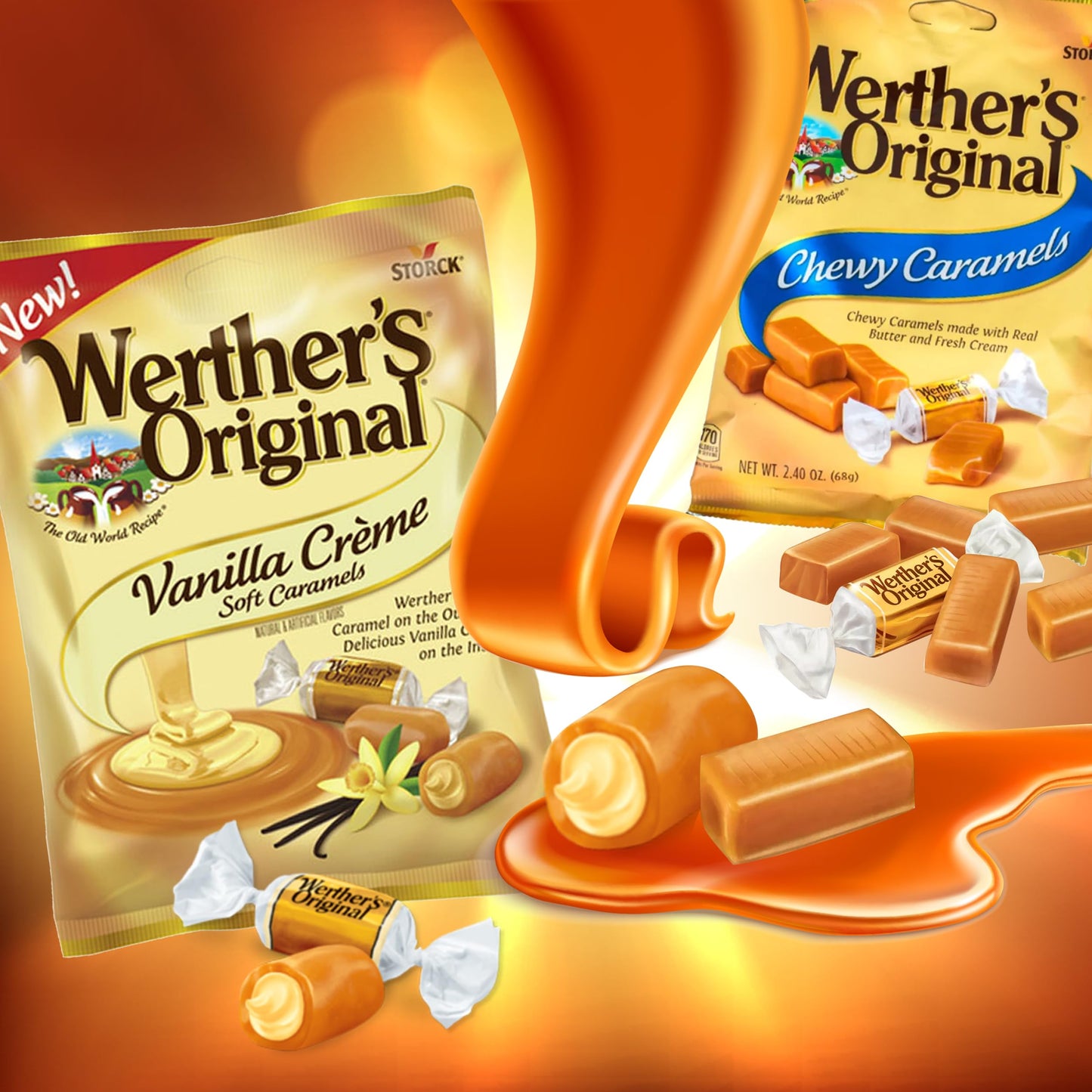 Munch Mania Werthers Original Vanilla Creme Soft Caramels, 2.4 oz, Pack of 4, Individually Wrapped, Brown