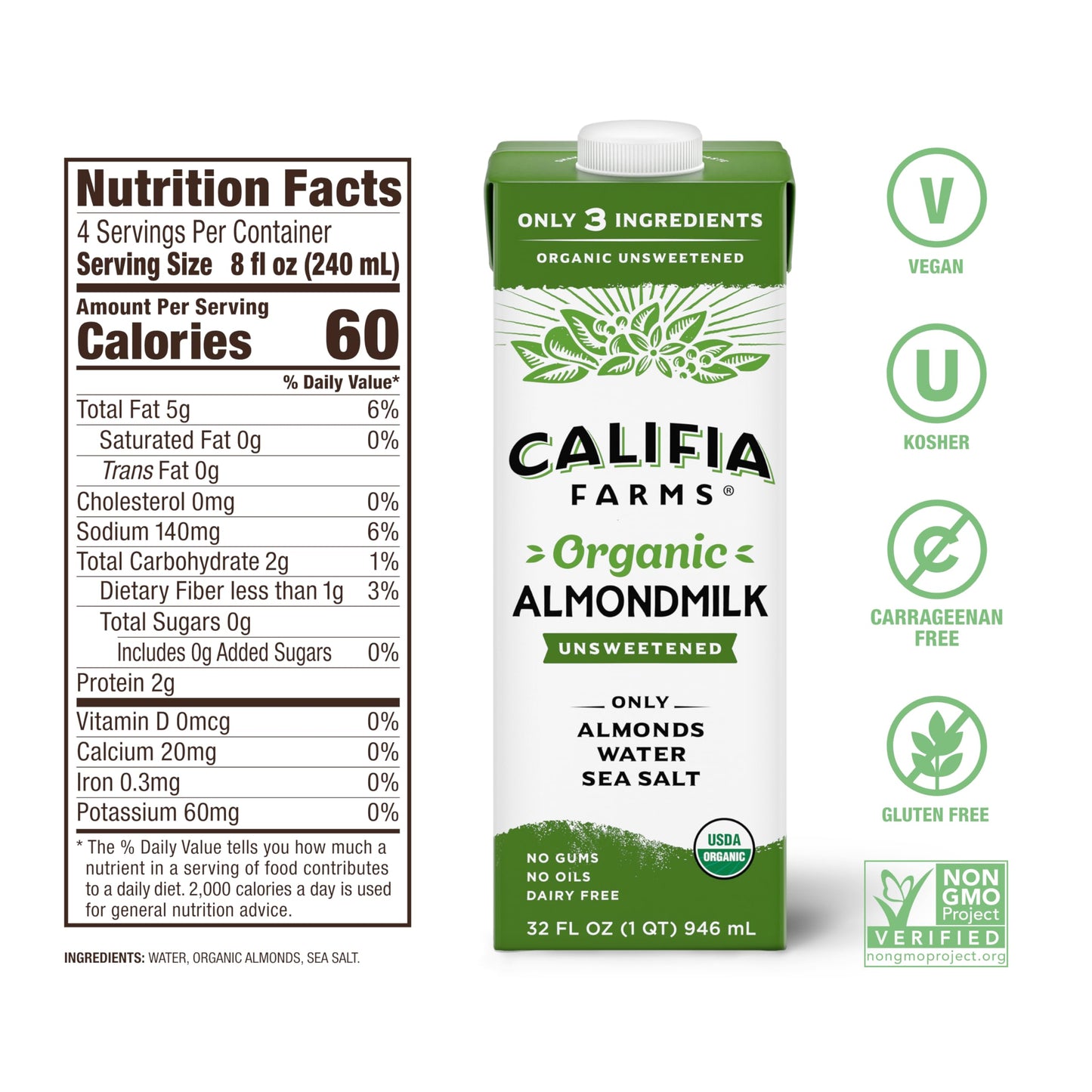 Califia Farms - Organic Unsweetened Almond Milk, 32 Oz (Pack of 6), Dairy Free, Vegan, Plant Based, Keto, Vegan, Gluten Free, No