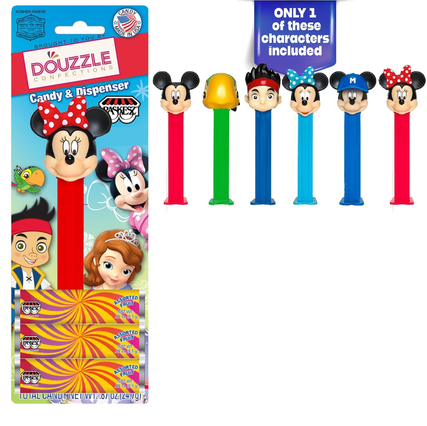 DOUzzle Kosher Pez Candy & Disney Junior Mickey Mouse Dispenser + 3 Assorted Fruit Refills (Pack of 1) Gluten Free, Kosher Parve