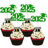 Gyufise 24Pcs Class of 2025 Cupcake Toppers Green Glitter 2025 Graduation Cake Topper Decorations Grad Cap 2025 Cupcake Picks fo