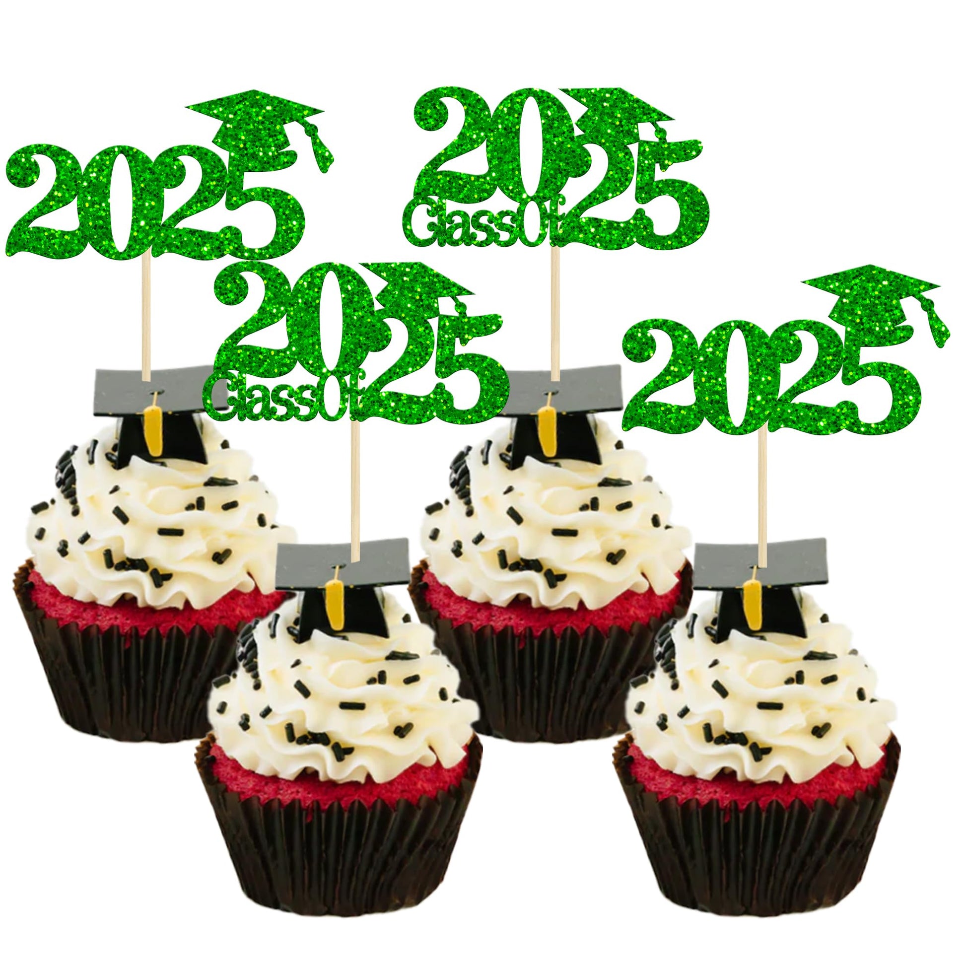 Gyufise 24Pcs Class of 2025 Cupcake Toppers Green Glitter 2025 Graduation Cake Topper Decorations Grad Cap 2025 Cupcake Picks fo