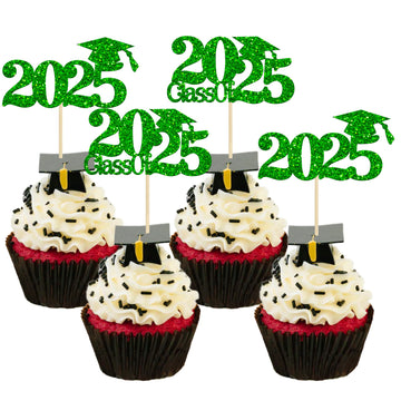 Gyufise 24Pcs Class of 2025 Cupcake Toppers Green Glitter 2025 Graduation Cake Topper Decorations Grad Cap 2025 Cupcake Picks fo