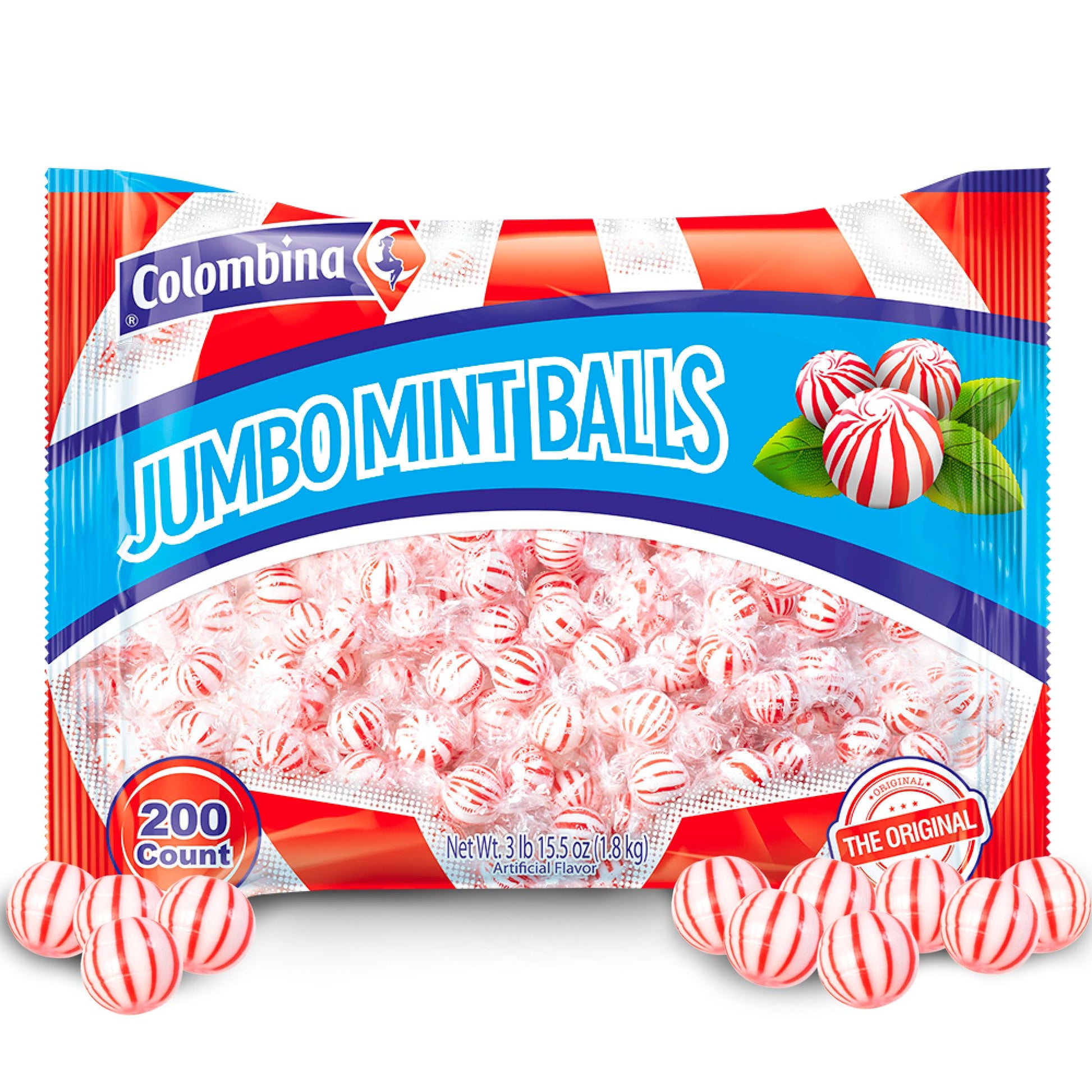 Colombina Jumbo Peppermint Balls Hard Candy, Red & White, 200 Count, 4lbs, Individually Wrapped