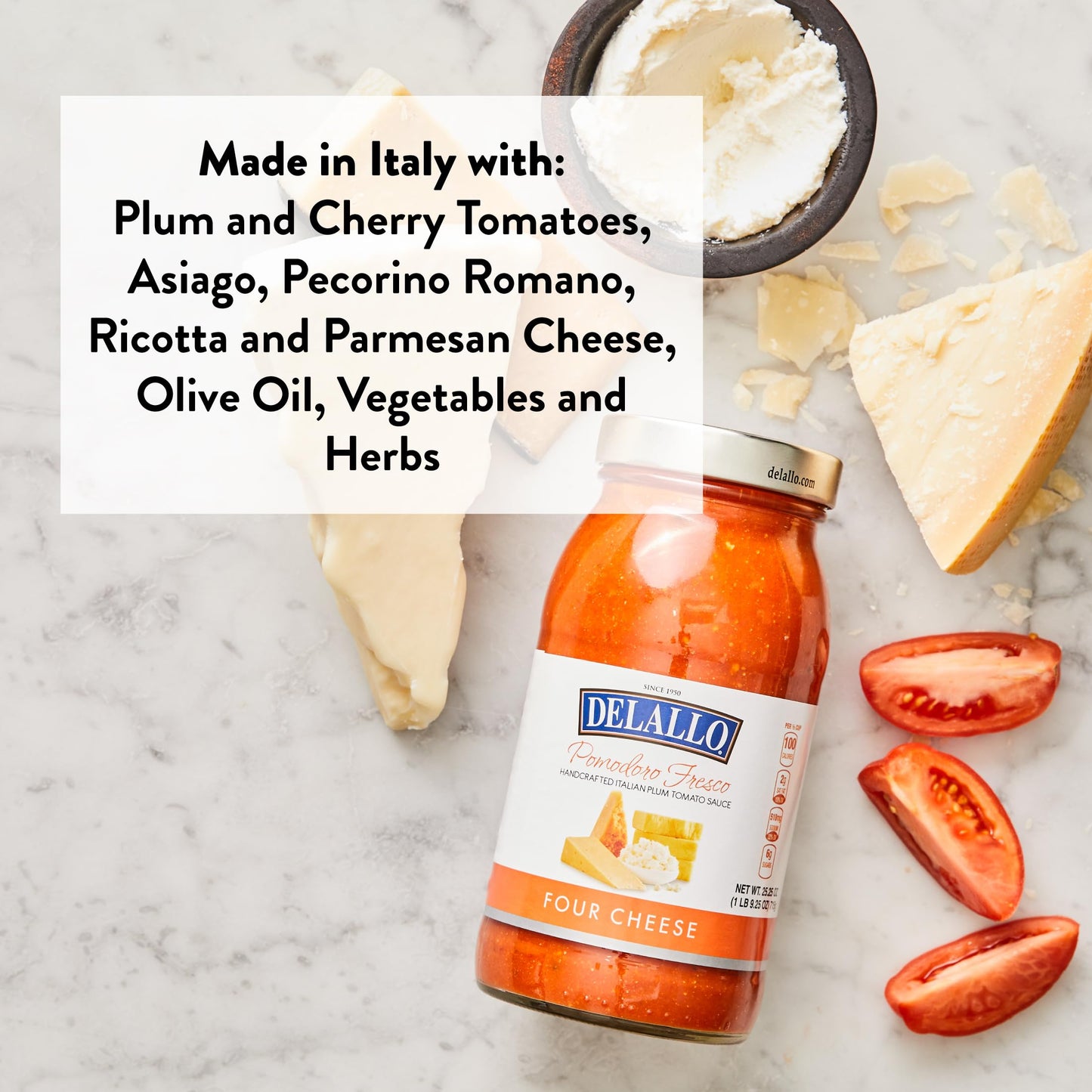 DeLallo Pomodoro Fresco Four Cheese Sauce, 25.25 oz. Jar, (2 Pack), Made in Italy, Gluten Free