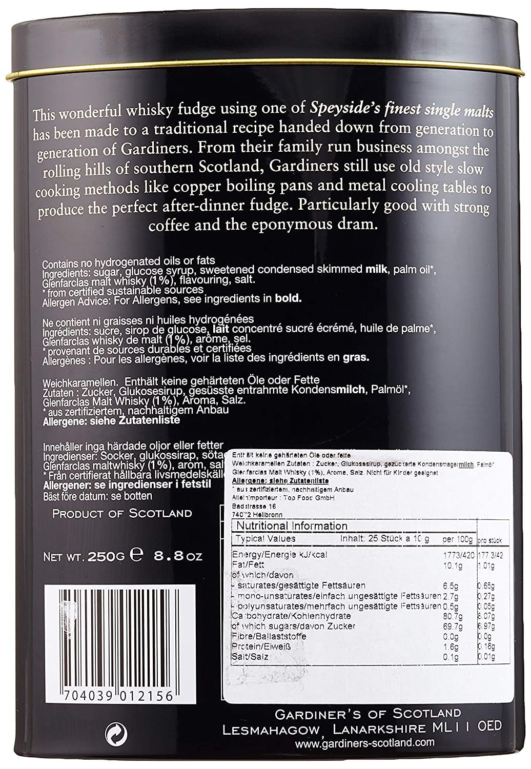 Gardiners of Scotland Handmade Fudge 250g Tin - Glenfarclas Highland Malt Whisky Flavor