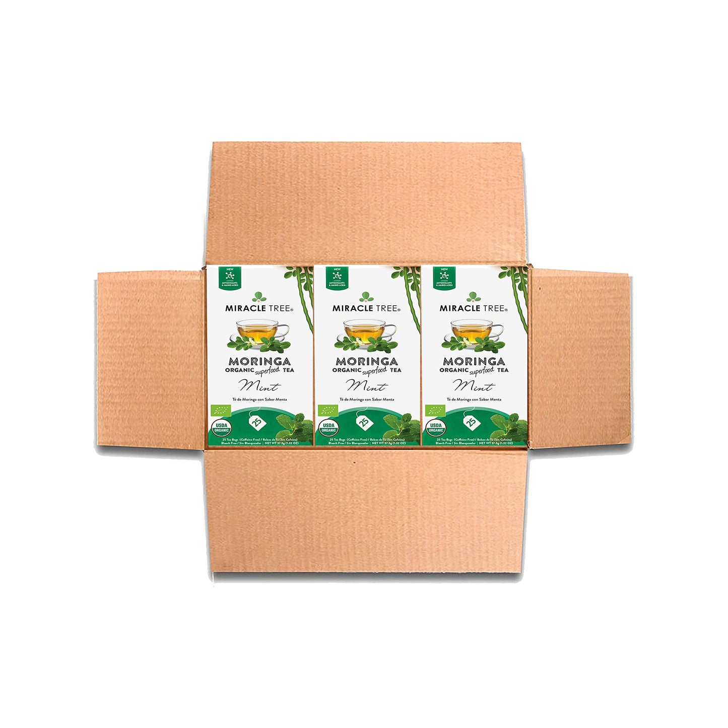 Miracle Tree Organic Moringa Superfood Tea - 25 Individually Sealed Bags, Mint Flavor, 3 Count Pack, Vegan, Gluten-Free, Caffeine-Free