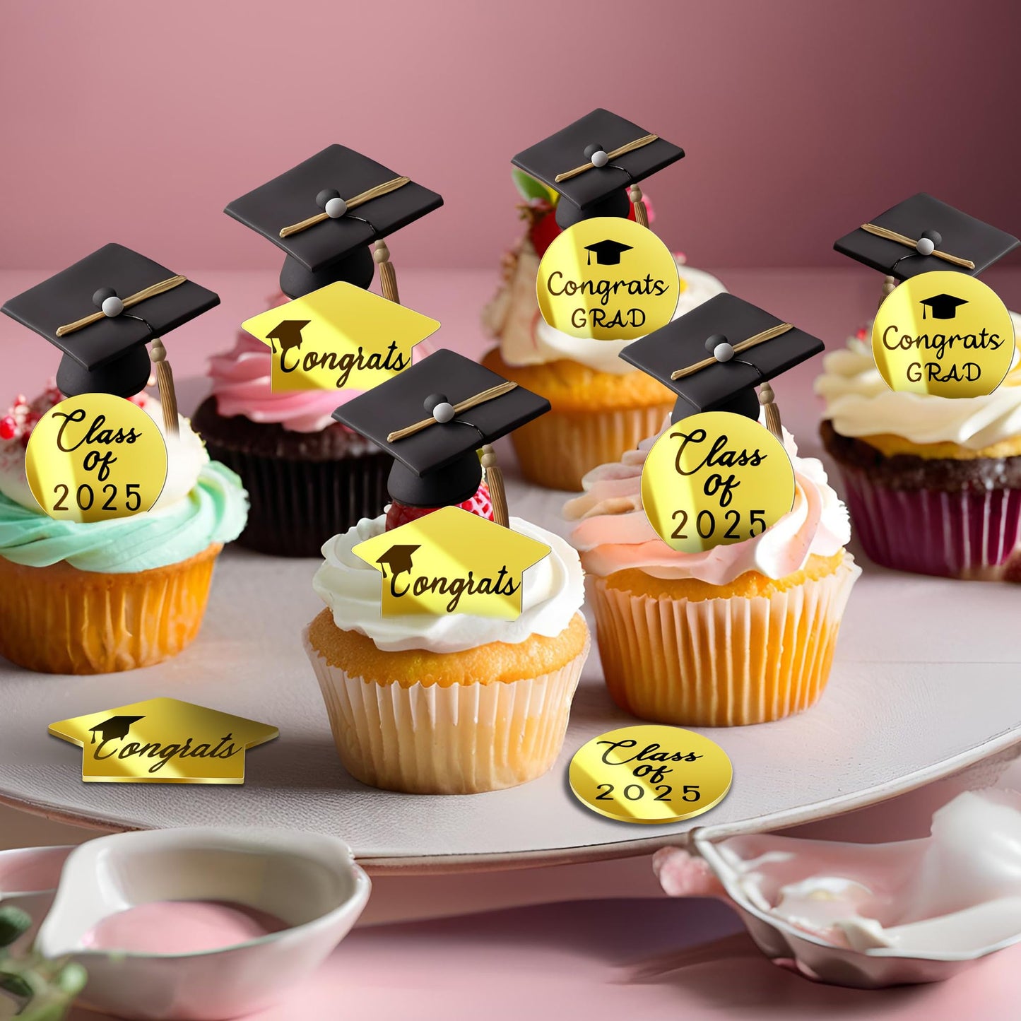 48 Pcs 2025 Graduation Acrylic Cupcake Toppers Mirror Acrylic Disc Cupcake Toppers For Graduation Cake Decorations,3 Styles Gold