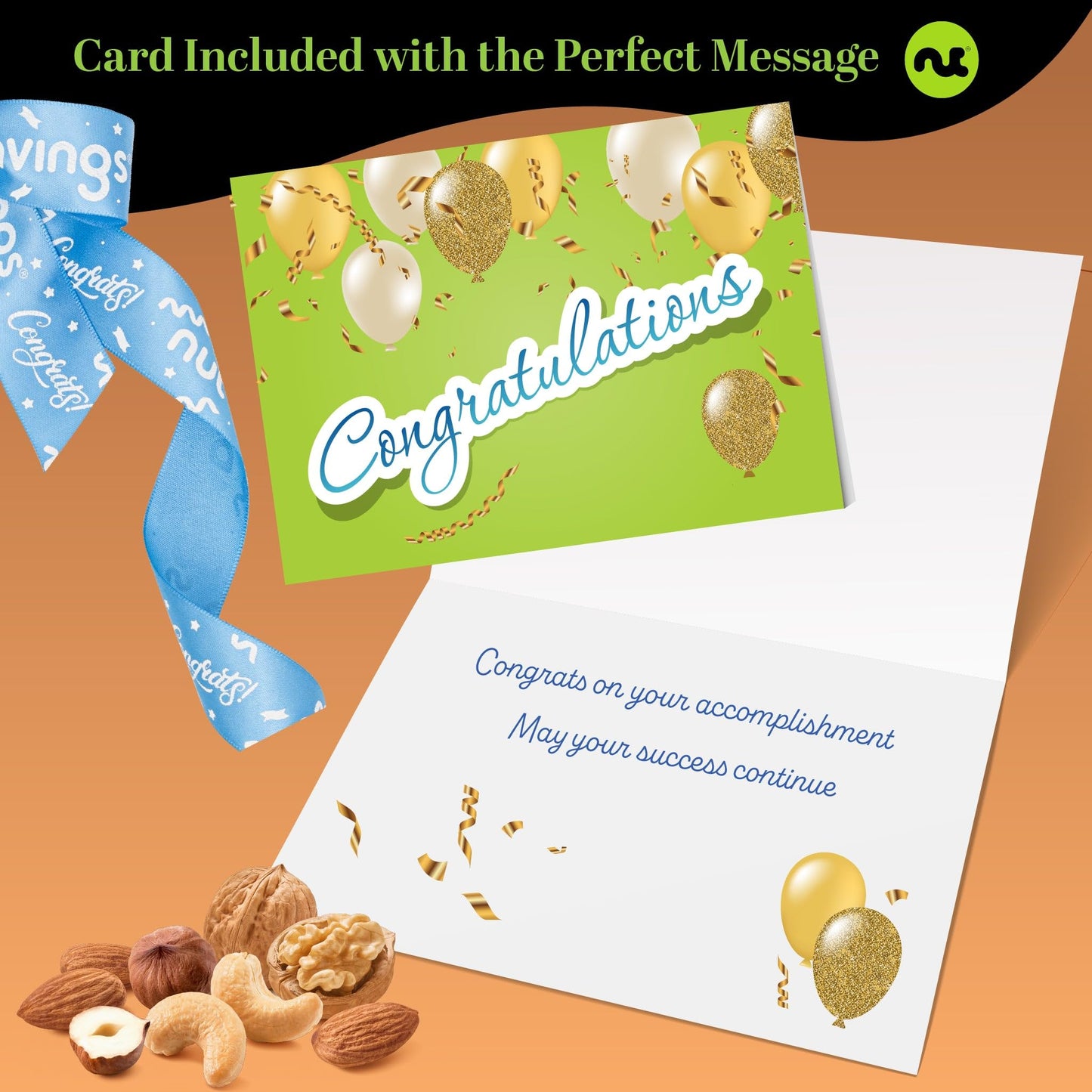 NUT CRAVINGS Gourmet Collection Congratulations Nuts Gift Basket with Congrats Ribbon + Greeting Card in Reusable Wooden Tray (1