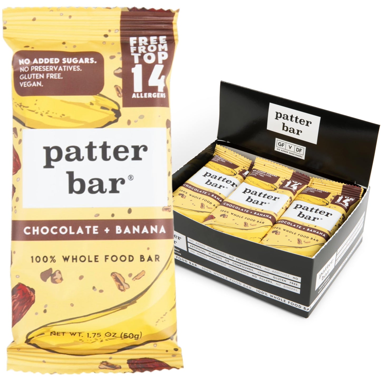 Patter Bar Energy Bars - Gluten Free, Vegan, No Added Sugar - 12-Pack Chocolate Banana Snack Bars