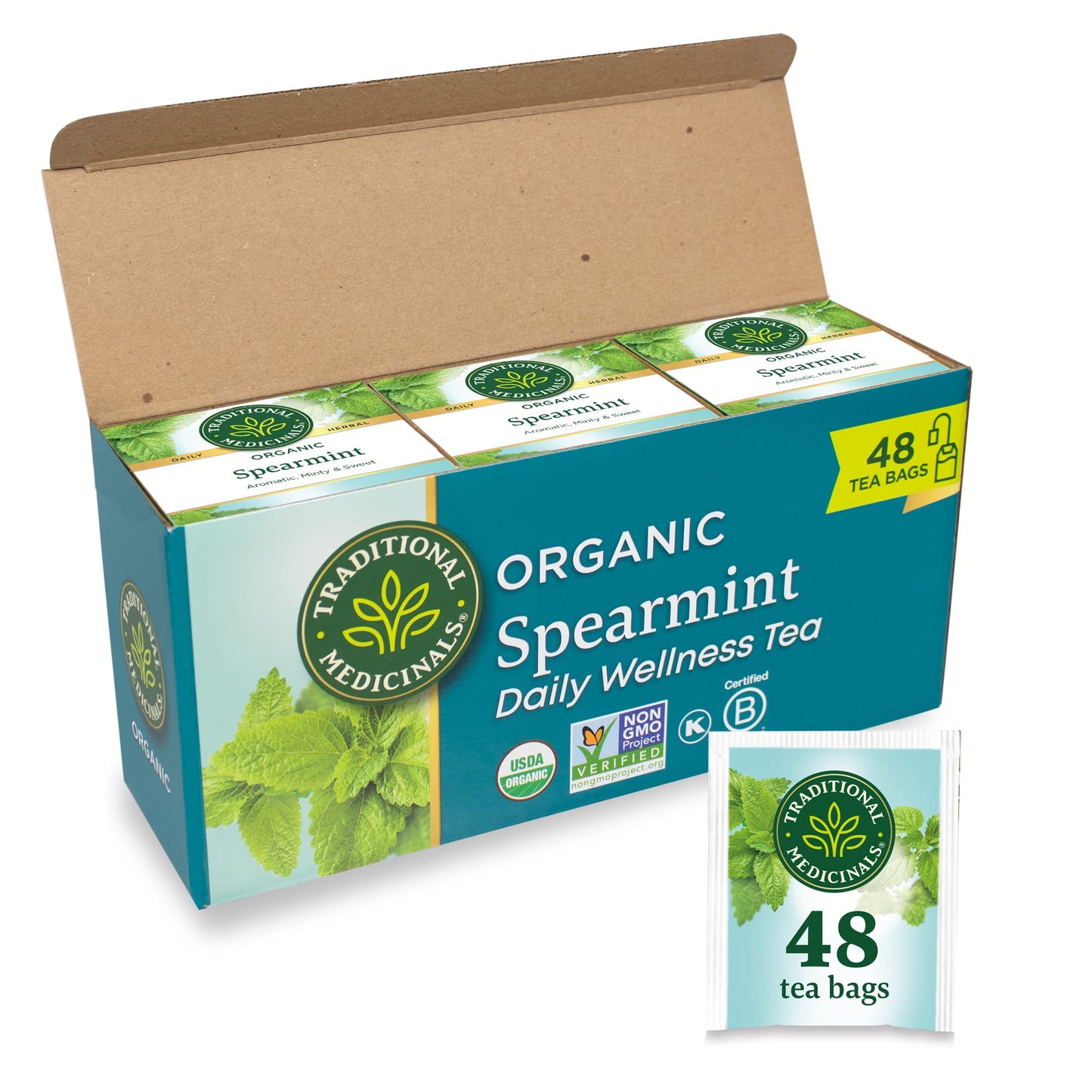 Traditional Medicinals Organic Spearmint Herbal Tea - Caffeine Free, Minty Flavor, 48 Tea Bags (3 Pack)
