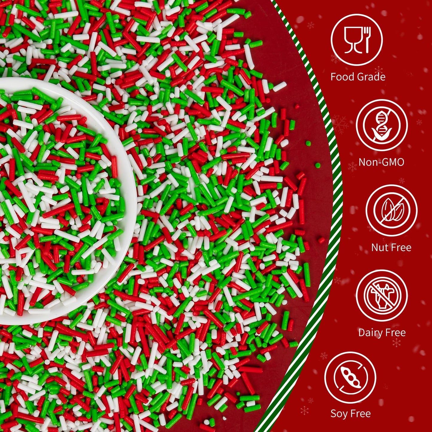 Christmas Jimmies Sprinkles for Cake Decorating,White Red and Green Jimmies Mix,Edible Sugar Holiday sprinkle for Cupcake Topper