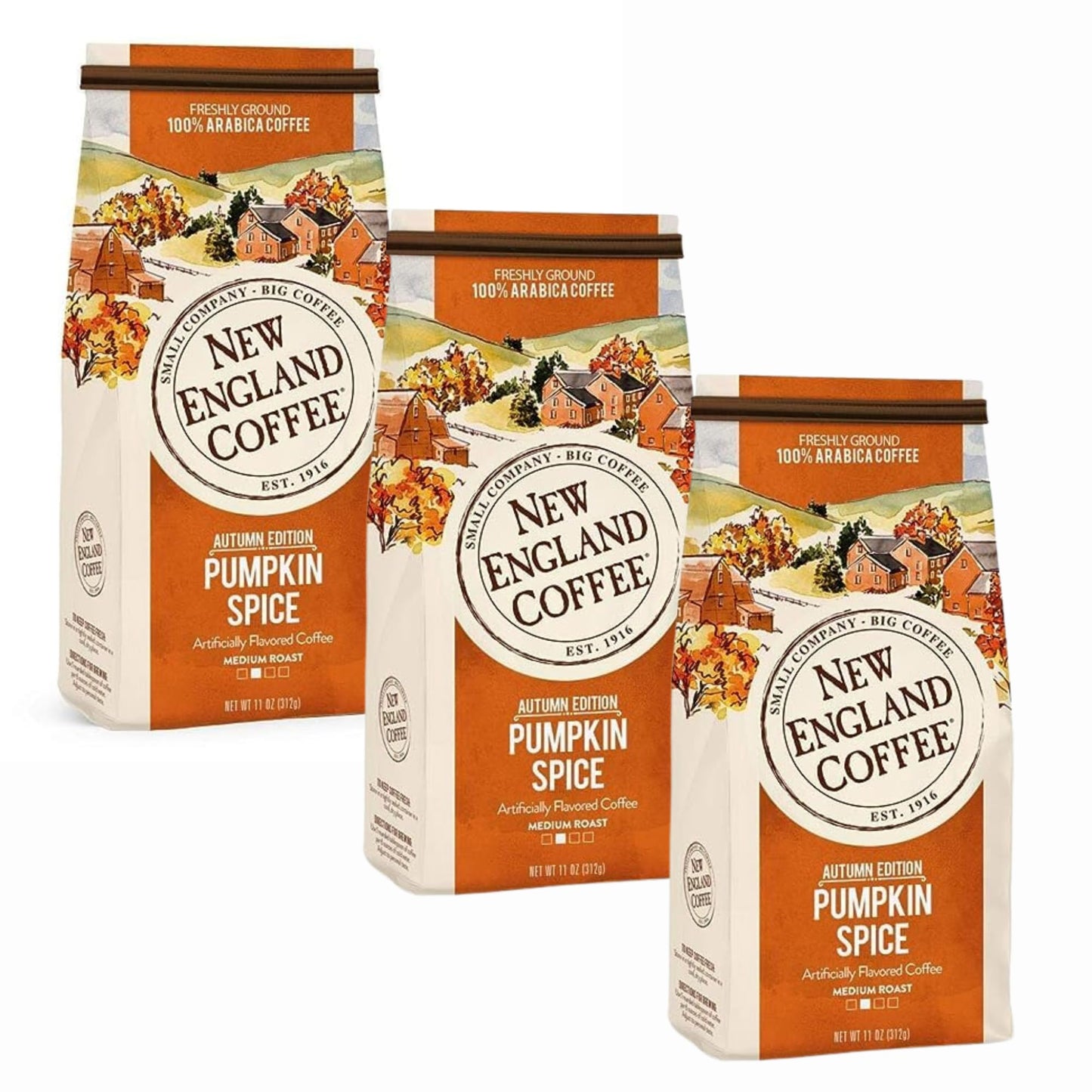 New England Coffee Pumpkin Spice Medium Roast Ground Coffee, 11oz Bag, Pack of 3