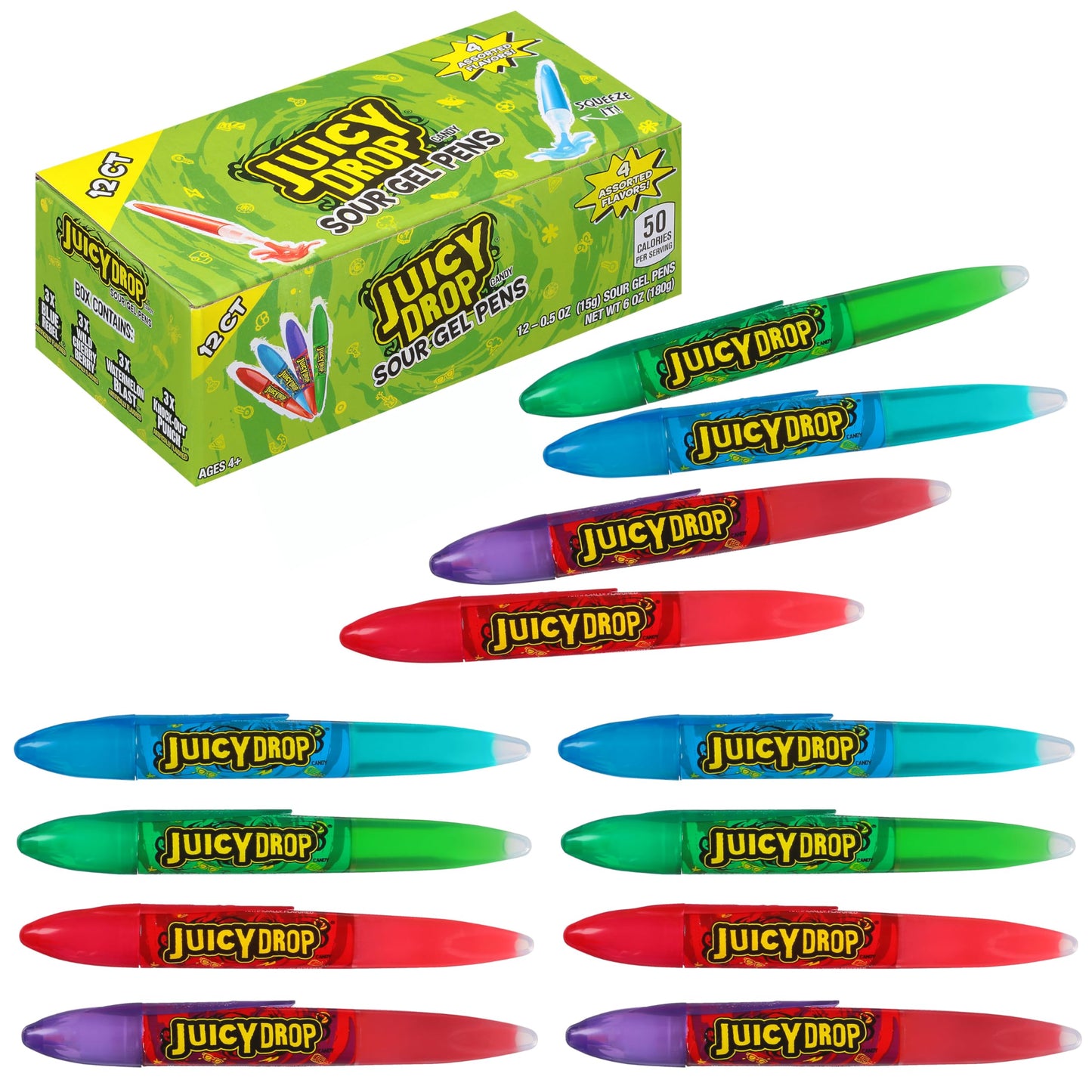 Juicy Drop Sour Gel Pen Candy Variety Pack Of 12 - Assorted Fruity Flavors Sour Candy - Ideal For Kids Parties, Birthdays & Celebrations - Individually Wrapped, Fun Sour Gel Candy