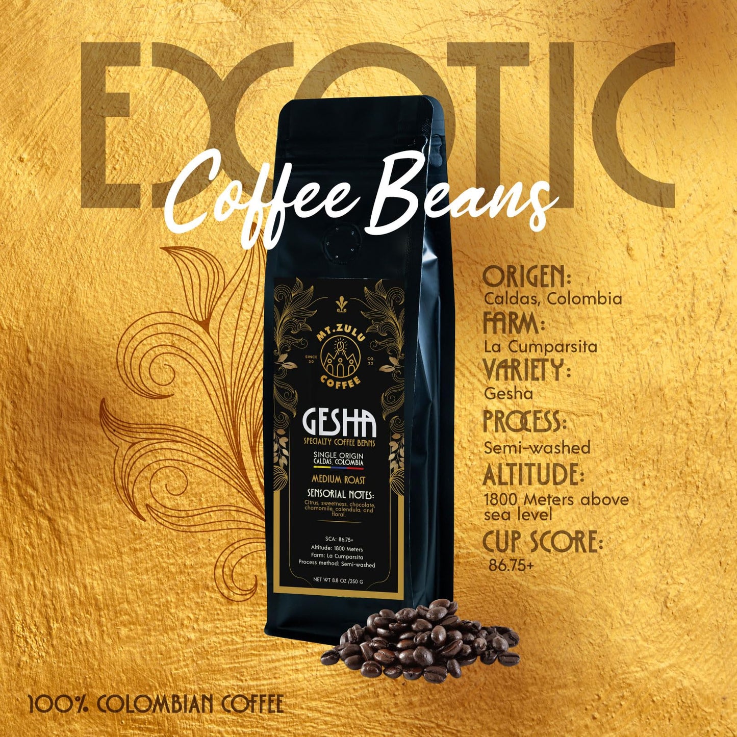 Mt. Zulu Gesha/Geisha Exotic Coffee Beans, Premium Specialty Coffee, 86.75 Sca, Medium Roast, Chamomile, Calendula & Chocolate N
