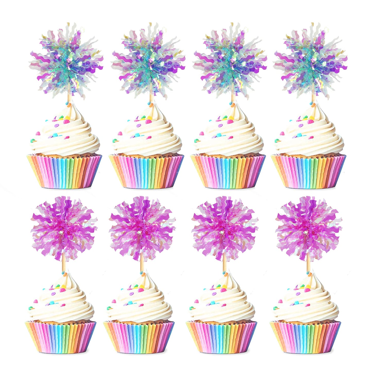 Takemay 30PCS Cupcake Toppers - Sparkle Blue & Purple Foil Firework - 6 Inches for Christmas, Birthday, Wedding Party