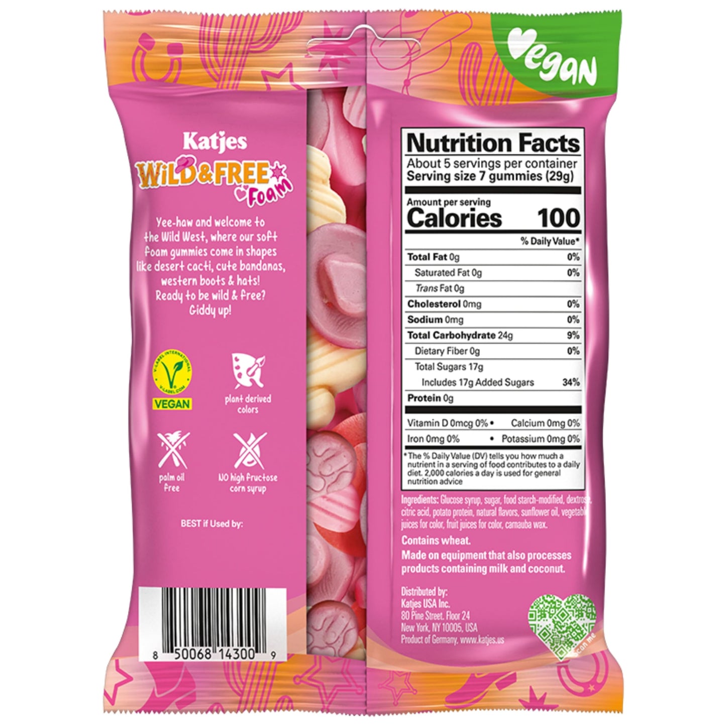 Katjes Vegan Wild Free Foam Gummy Candy, Plant-Based, 4.9oz Bags, 3 Pack, No Gelatin, Cow Girl Shapes