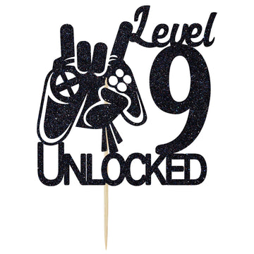Cos Mos Video Game Level 9 Unlocked Birthday Cake Topper Black Glitter Boys 9Th Birthday Cake Decorations Level Up Winner Party