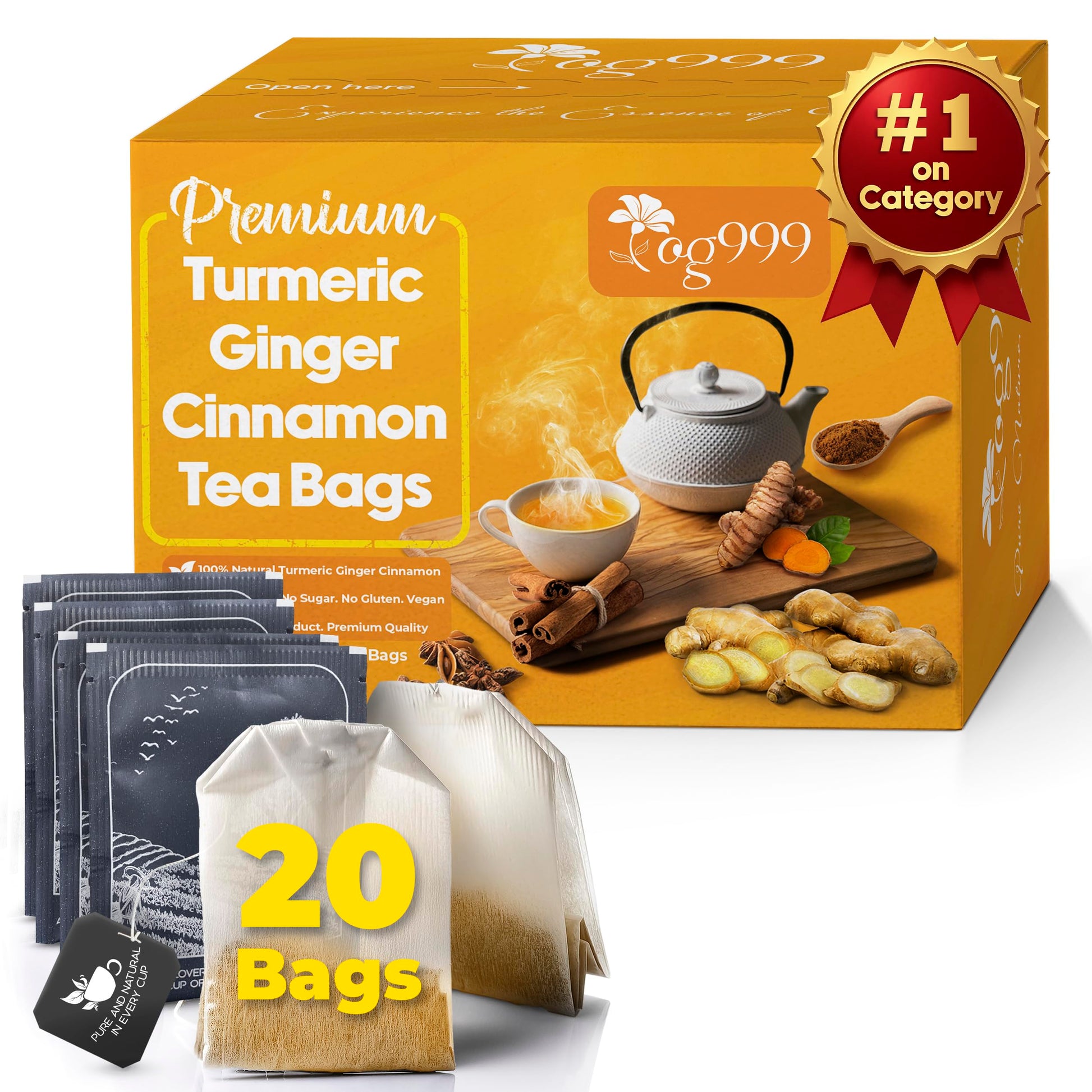 TOG999 Premium Herbal Tea Bags - Turmeric, Ginger, Cinnamon Blend, 100% Natural, Vegan - 20 Bags