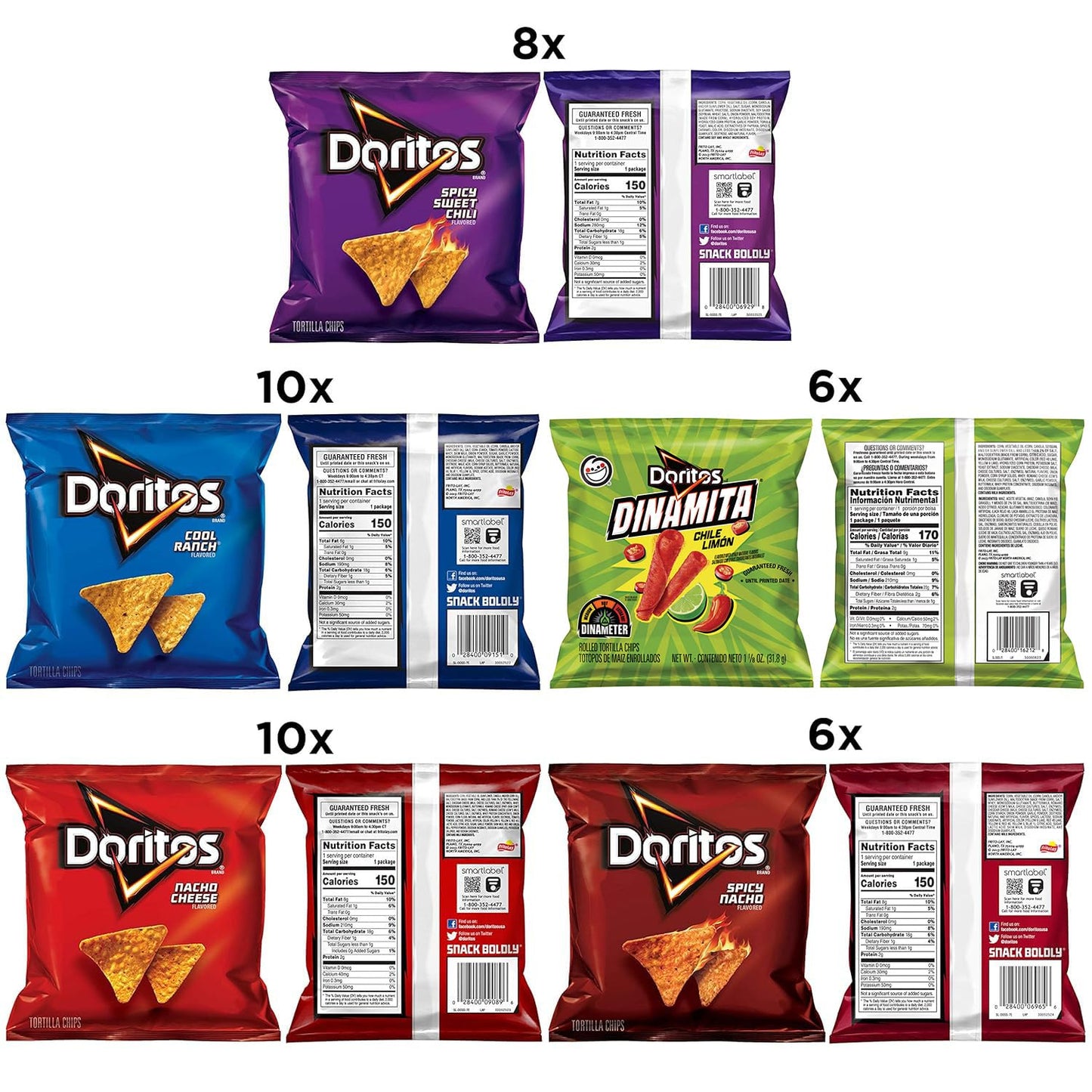 Doritos Tortilla Chips, 5 Flavor Variety Pack, Single Serve Bags (40 Pack), Nacho Cheese, Cool Ranch, Spicy Nacho, Dinamita, Spi