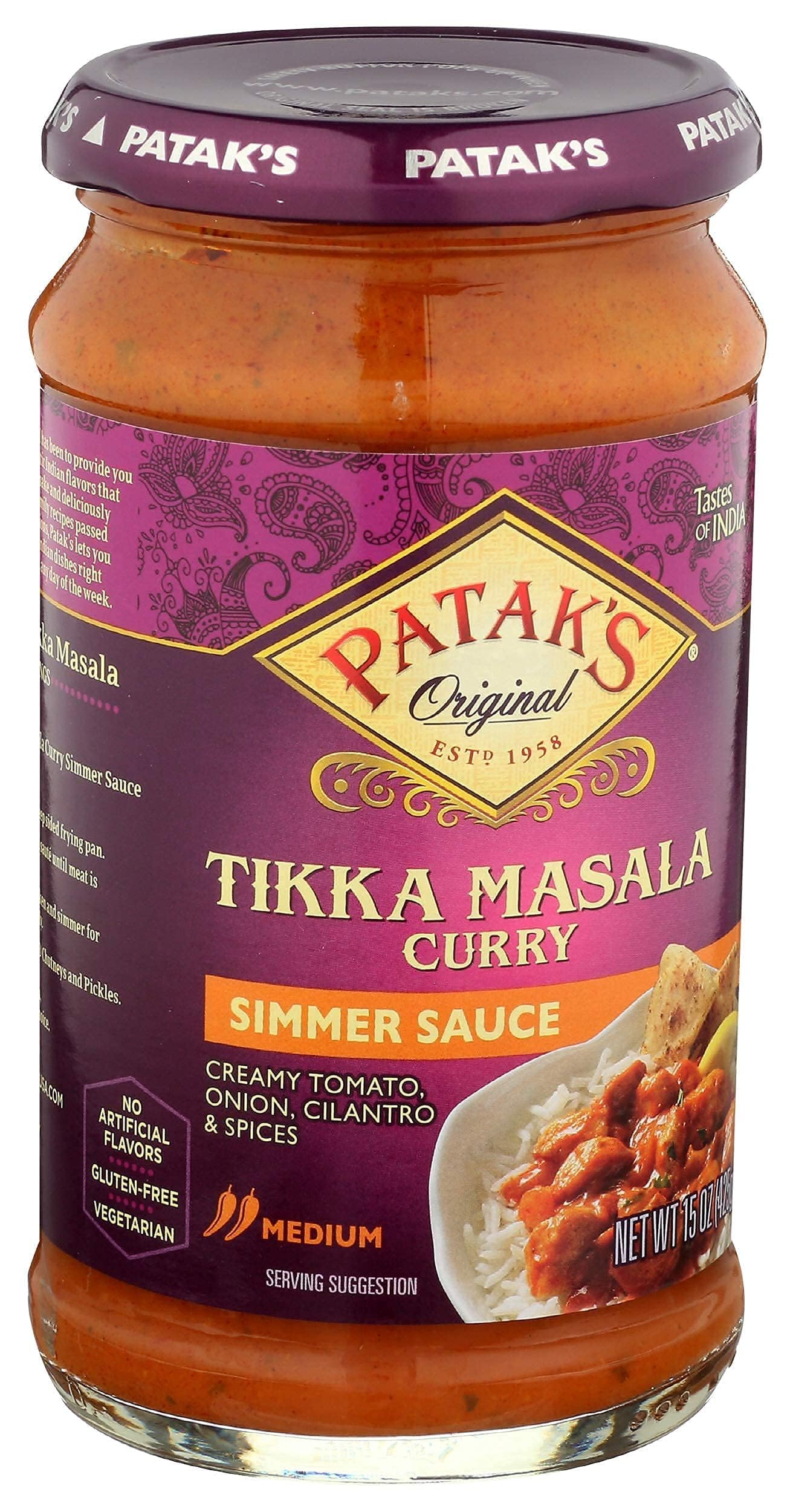 Patak'S Tikka Masala Simmer Sauce - 15 Oz (Pack Of 3) – With Creamy Tomato, Onion, Cilantro, And Spices, No Artificial Flavors, Gluten Free, Vegetarian Friendly
