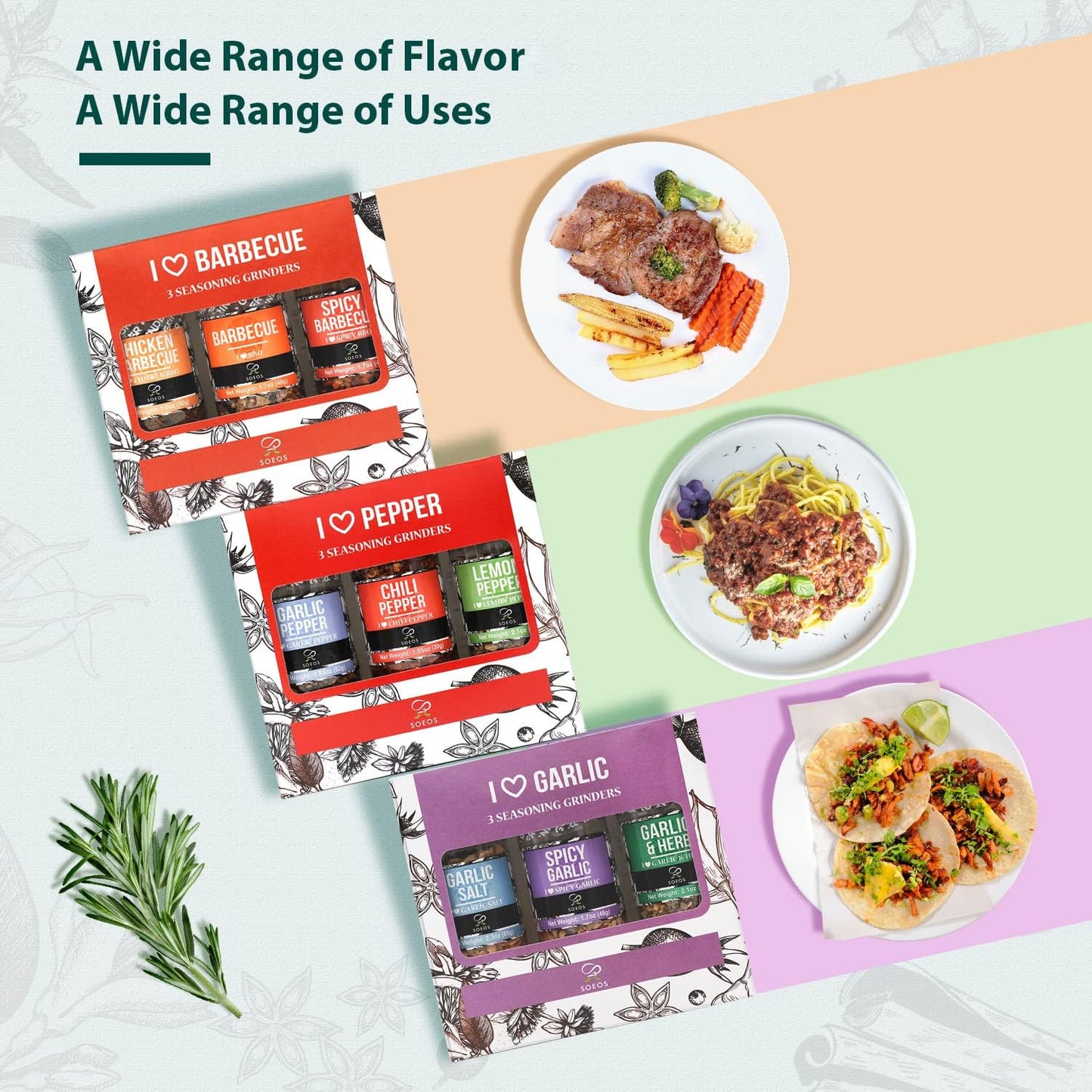Soeos Spice Seasoning Set of 9 with Integrated Grinders, Individual Spice Grinder, Pure and Fresh Perfect for BBQ Seasoning Gift