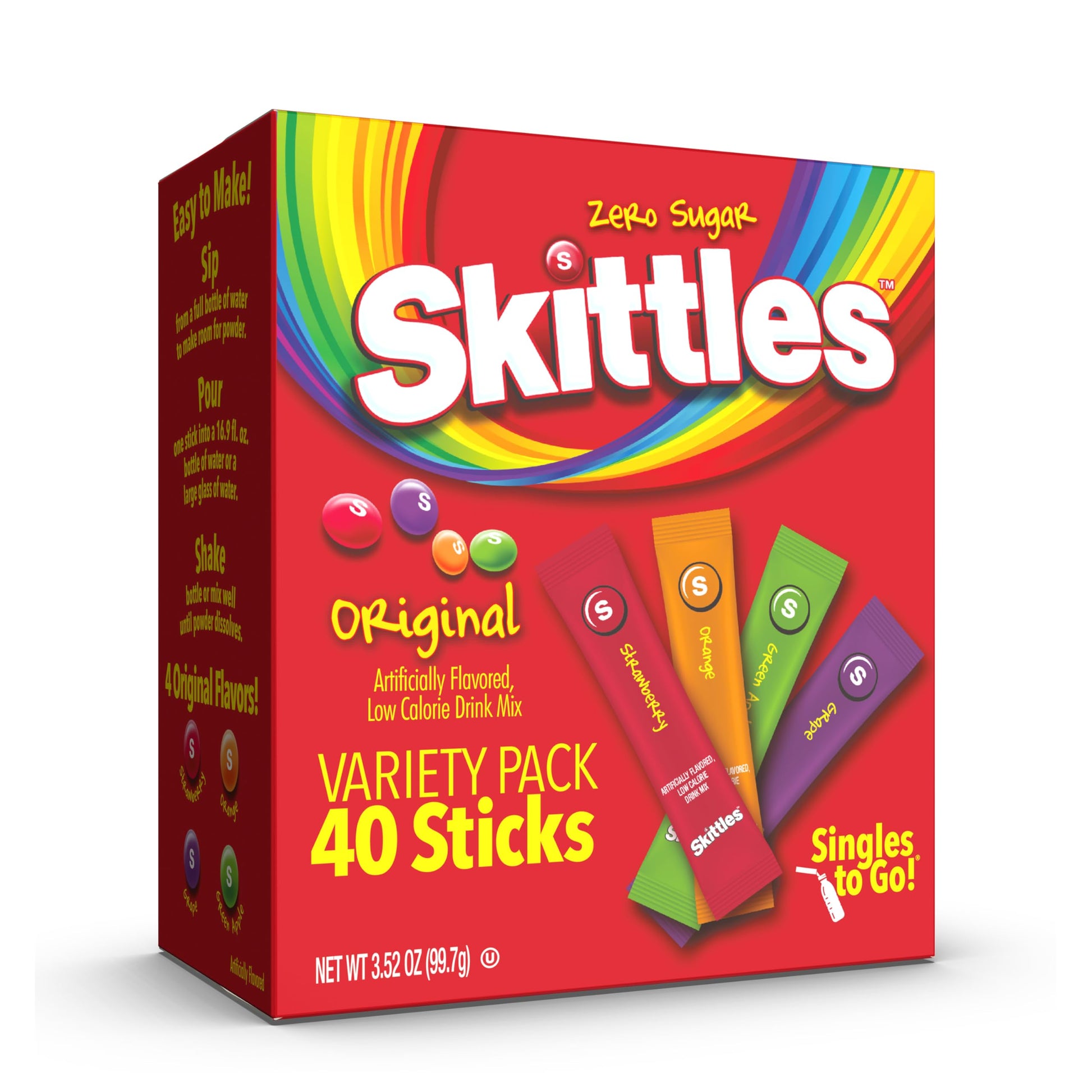 Skittles Singles To Go Variety Pack, Watertok Powdered Drink Mix, Zero Sugar, Low Calorie, Includes 4 Flavors: Green Apple, Stra