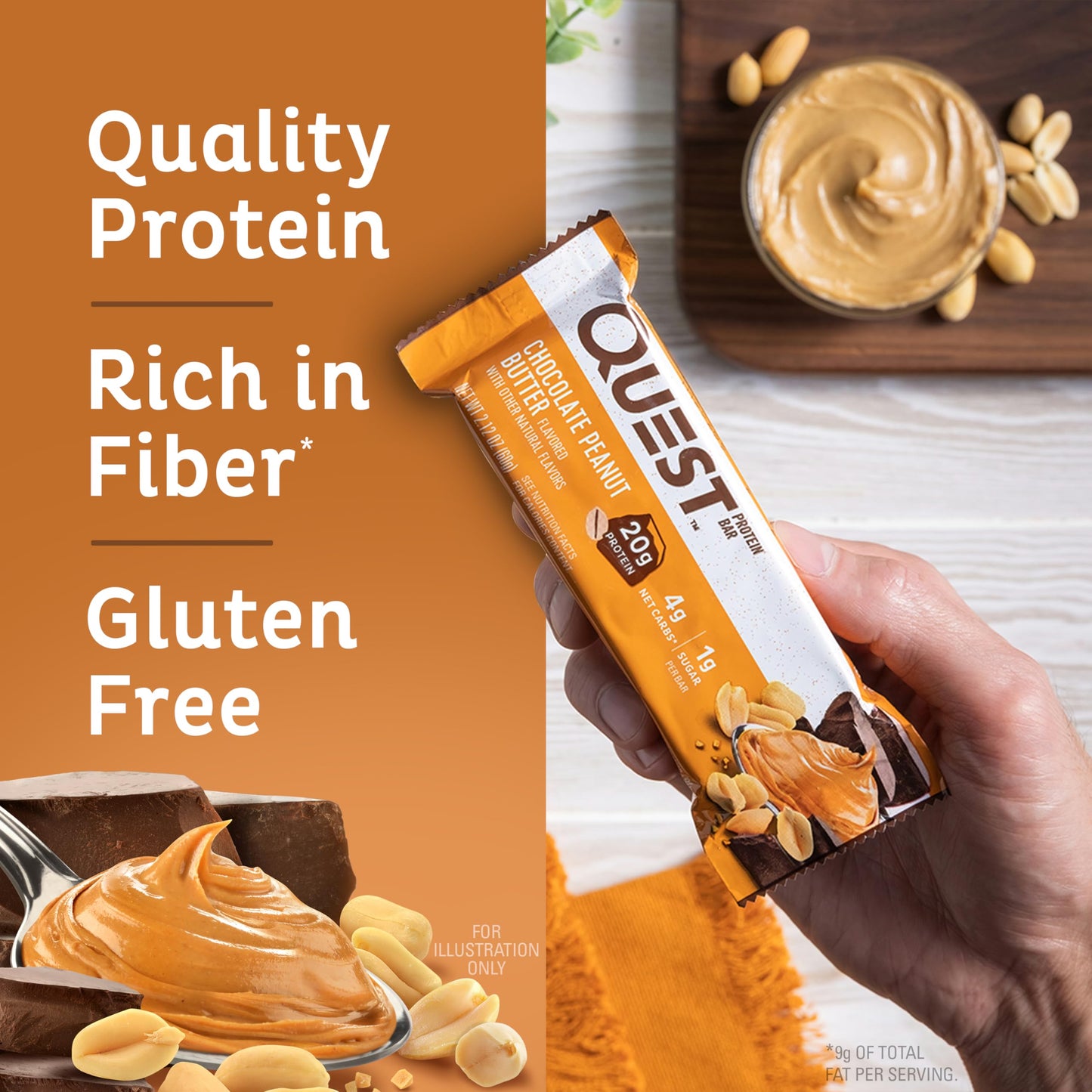 Quest Nutrition Chocolate Peanut Butter Bars, 20G Protein, 1G Sugar, 4G Net Carb, Gluten Free, Keto Friendly, 12 Count