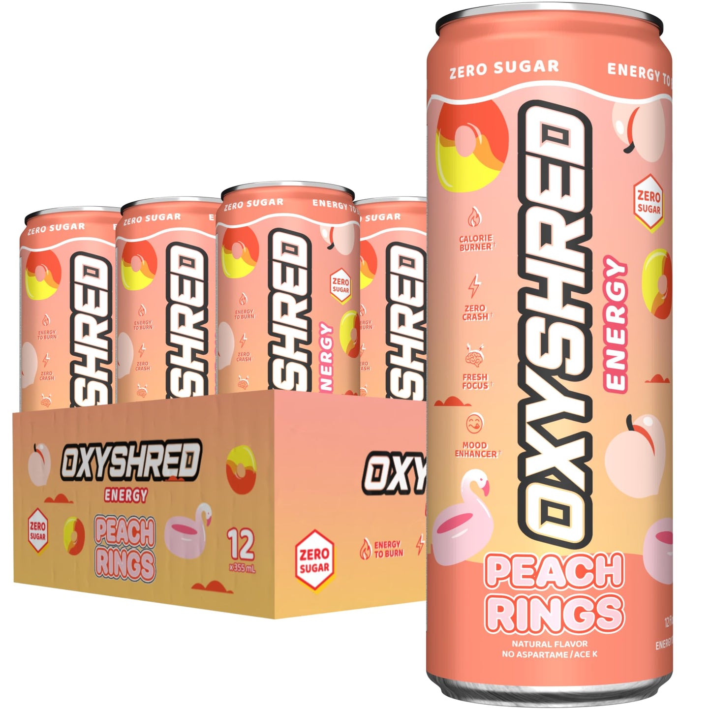 EHPlabs OxyShred Ultra Energy Drink - Zero Sugar, Zero Carbs, Natural Caffeine, Peach Candy Rings, 12 Fl Oz (Pack of 12)