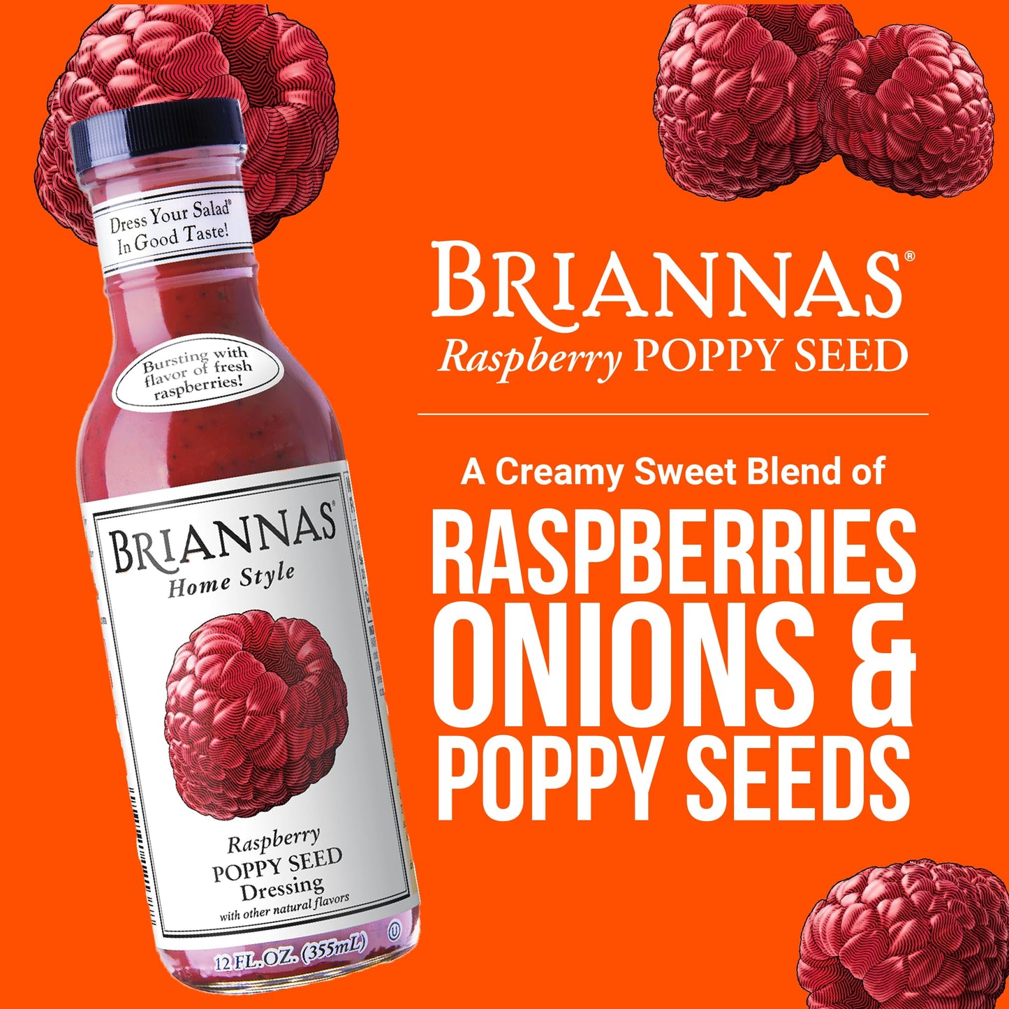 Briannas - Home Style Raspberry Poppy Seed Dressing - Fine Salad Dressing Made With Premium Ingredients - Gluten Free, Kosher, &