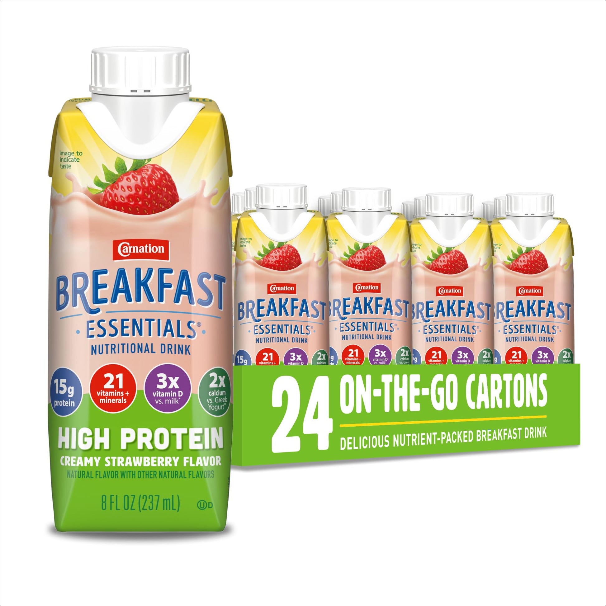 Carnation Breakfast Essentials High Protein Nutritional Drink, 15g Protein, Gluten-Free, Creamy Strawberry, 8 FL OZ Carton (24 Pack)