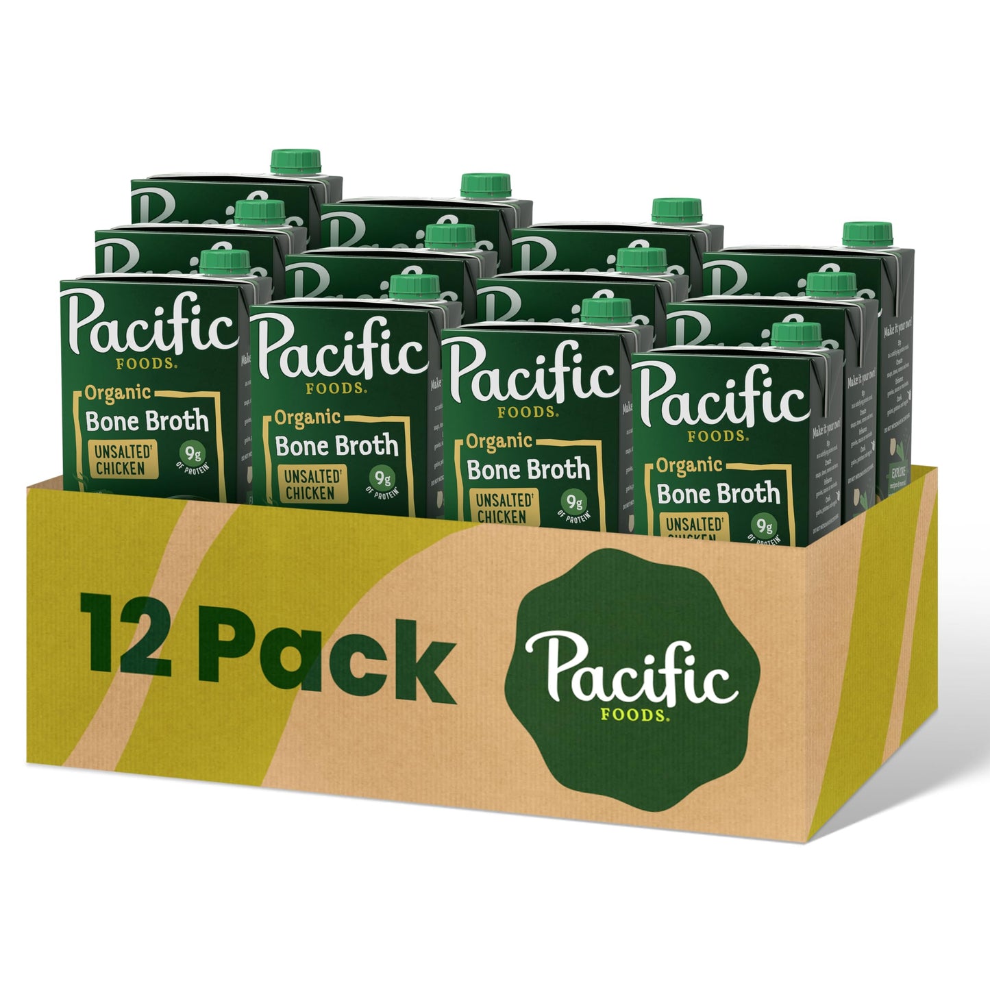 Pacific Foods Organic Chicken Bone Broth, Unsalted, 32 oz Carton, Pack of 12